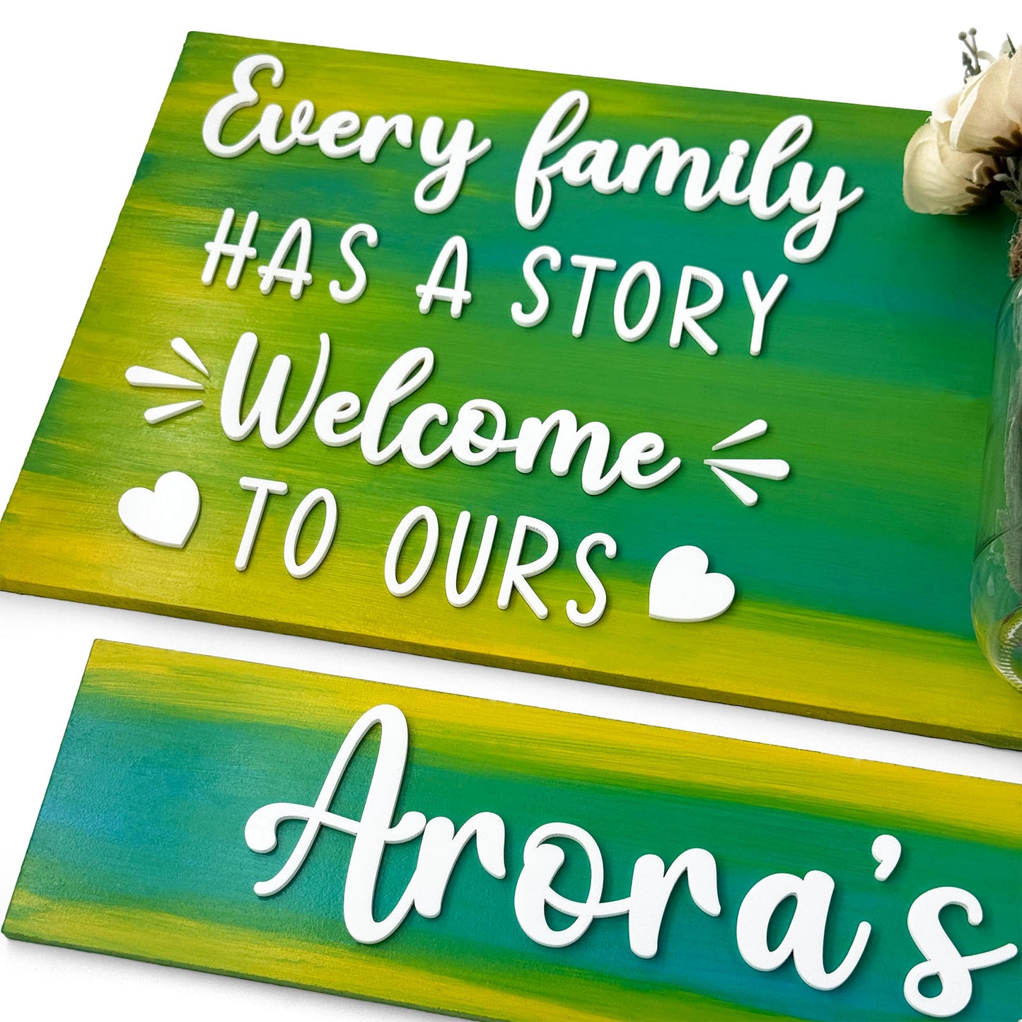 Every Family Has A Story Welcome To Ours Hand-Painted Wooden Name Plate With Jar For Home - Jar Board & One Plank