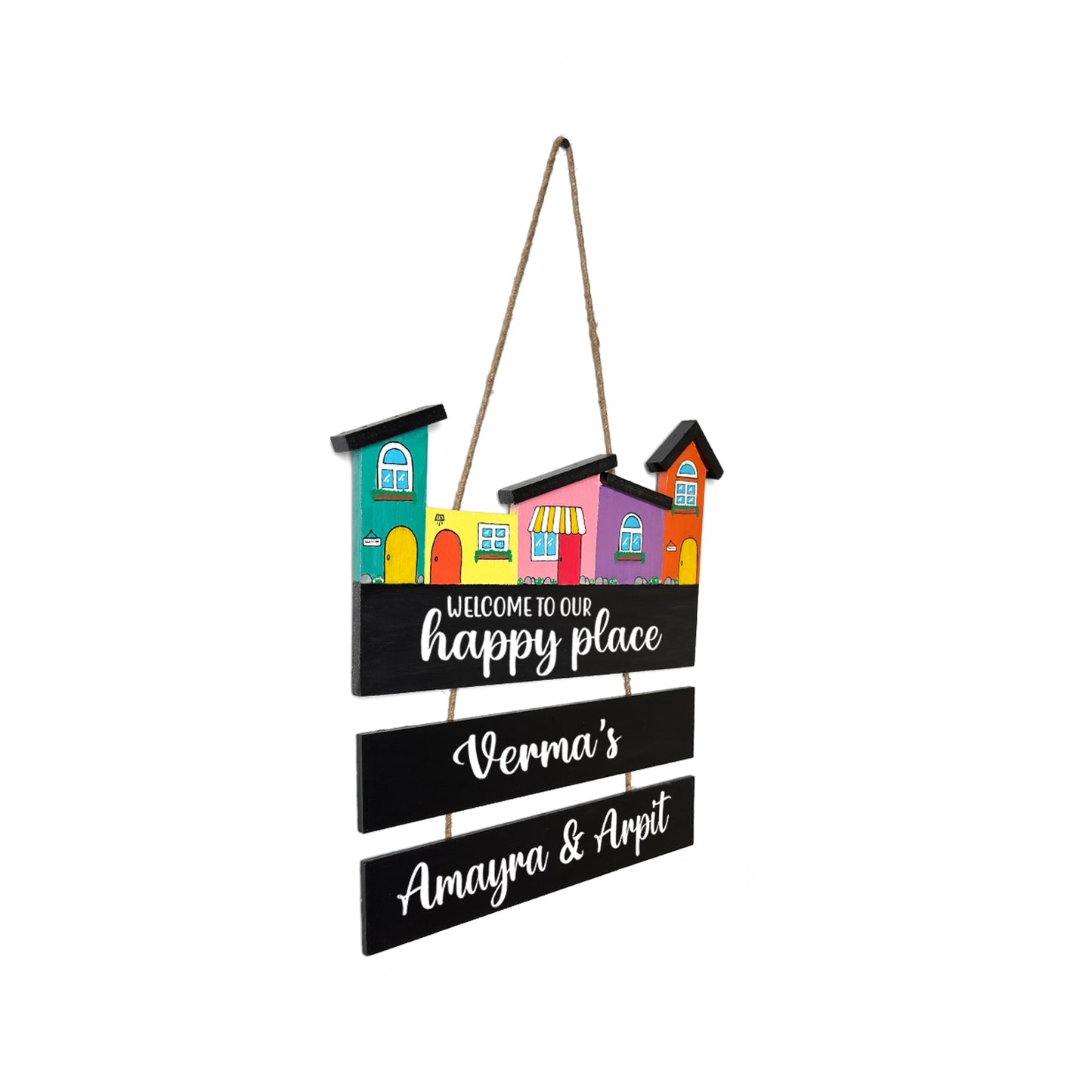 Hut-Shaped Hand-Painted Wooden Name Plate For Home - Hut Board & Two Planks Design 1