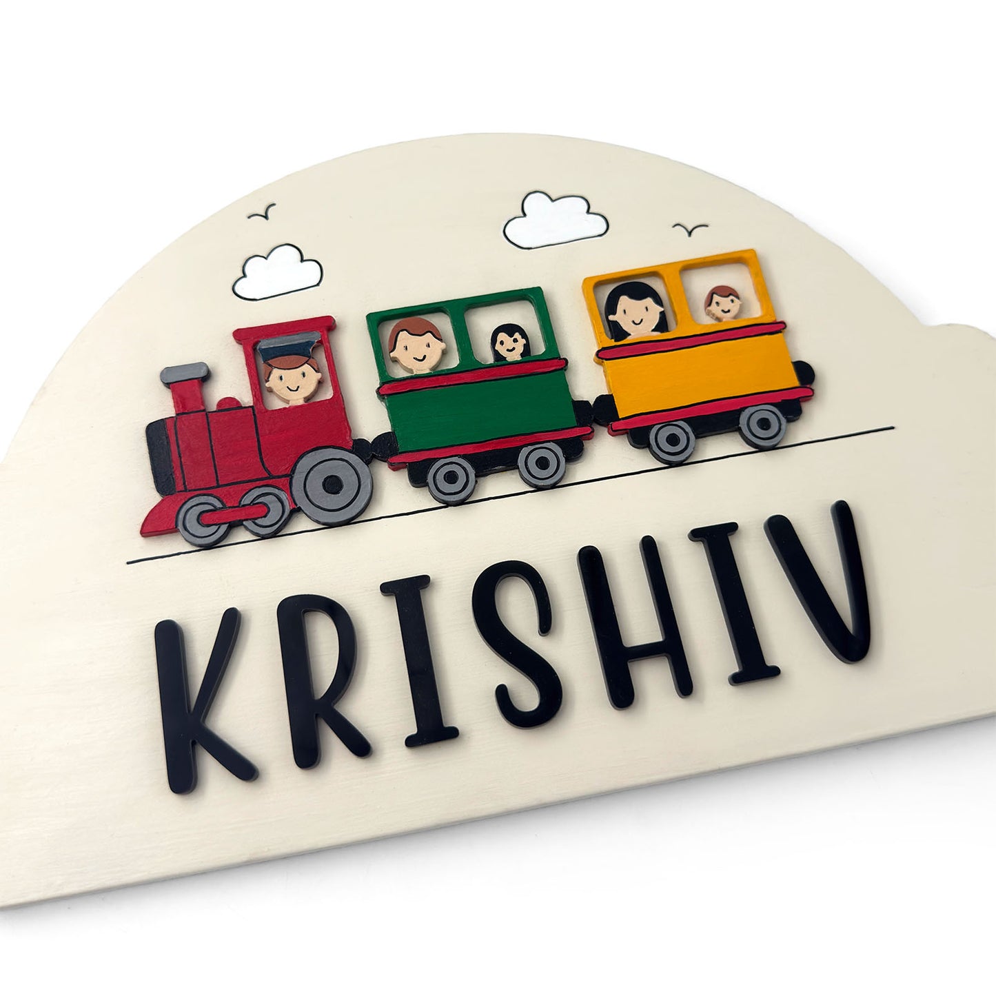 Train Themed Hand-Painted Wooden Arch-Shaped Kids Name Plate