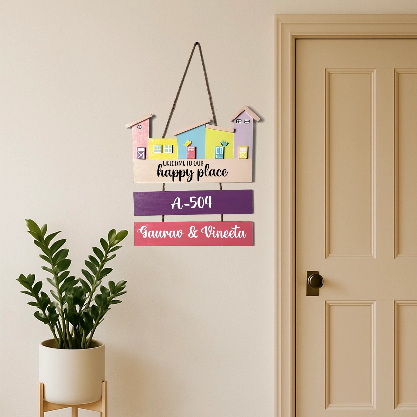 Hut-Shaped Hand-Painted Wooden Name Plate For Home - Hut Board & Two Planks Design 2