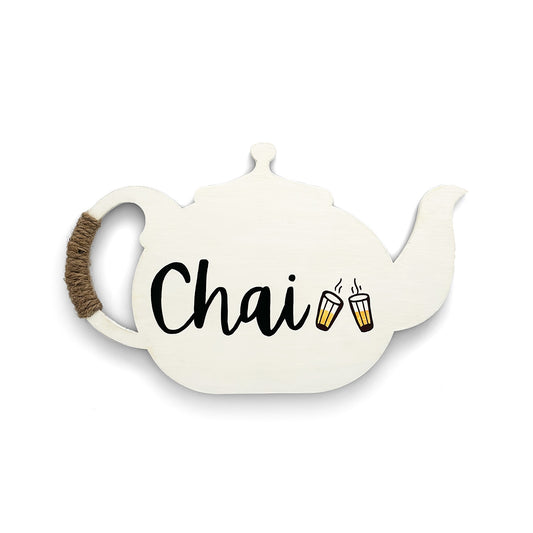 Chai Hand-Painted Wooden Kettle Kitchen Wall Hanging - White