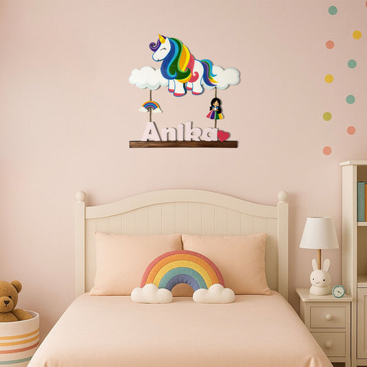 Unicorn Themed Hand-Painted Wooden Kids Name Plate - Design 3