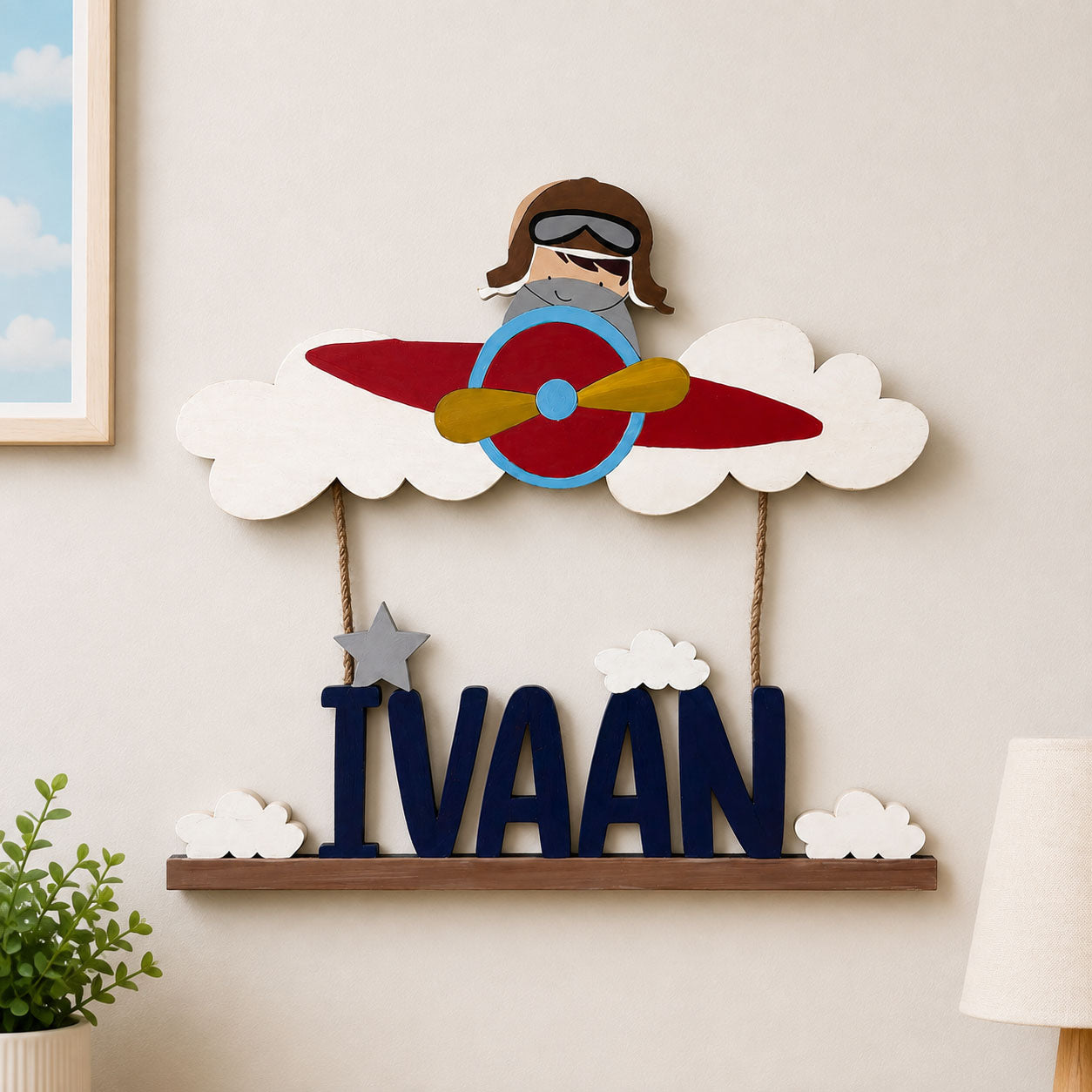 Airplane Pilot Themed Hand-Painted Wooden Kids Name Plate - Design 1