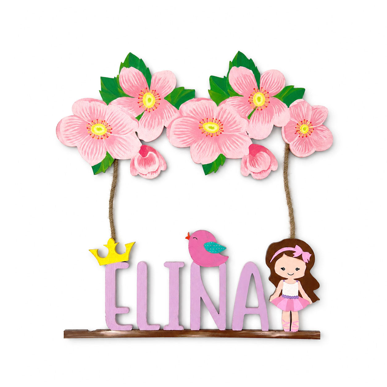 Flower Themed Hand-Painted Wooden Kids Name Plate - Design 1