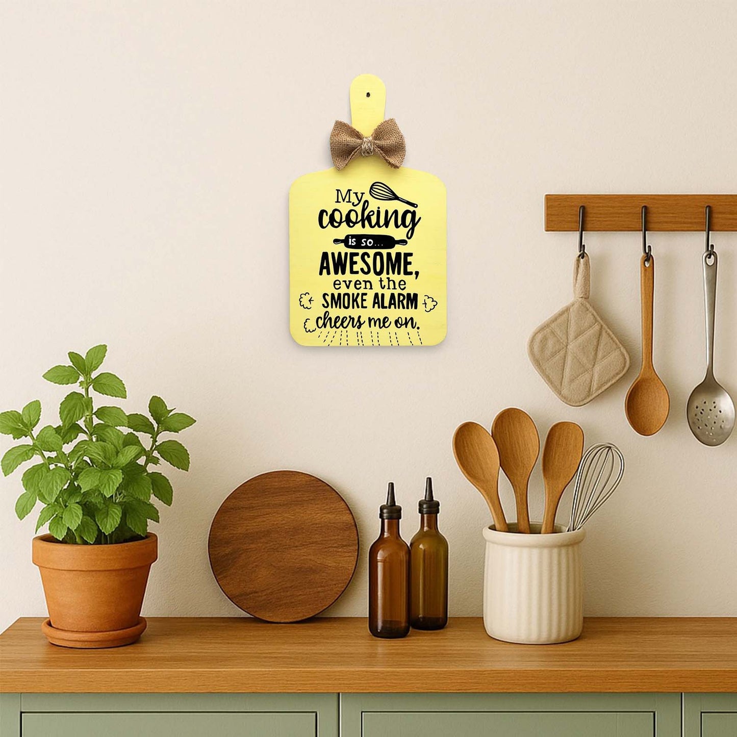 My Cooking Is So Awesome, Even The Smoke Alarm Cheers Me On Hand-Painted Wooden Chopping Board Kitchen Wall Hanging - Yellow