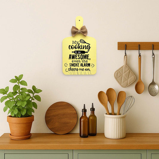 My Cooking Is So Awesome, Even The Smoke Alarm Cheers Me On Hand-Painted Wooden Chopping Board Kitchen Wall Hanging - Yellow