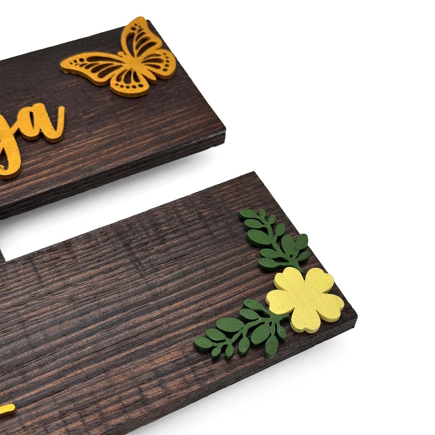 Butterfly & Flower Themed Hand-Painted Wooden Three Plank Name Plate For Home - Wooden Finish