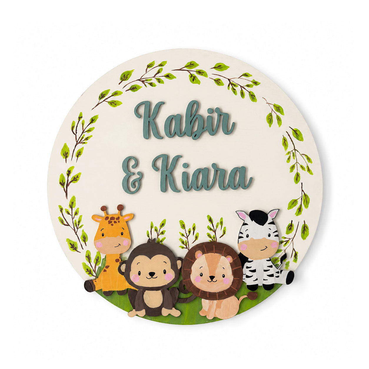 Animal Themed Hand-Painted Wooden Round Kids Name Plate - Design 7