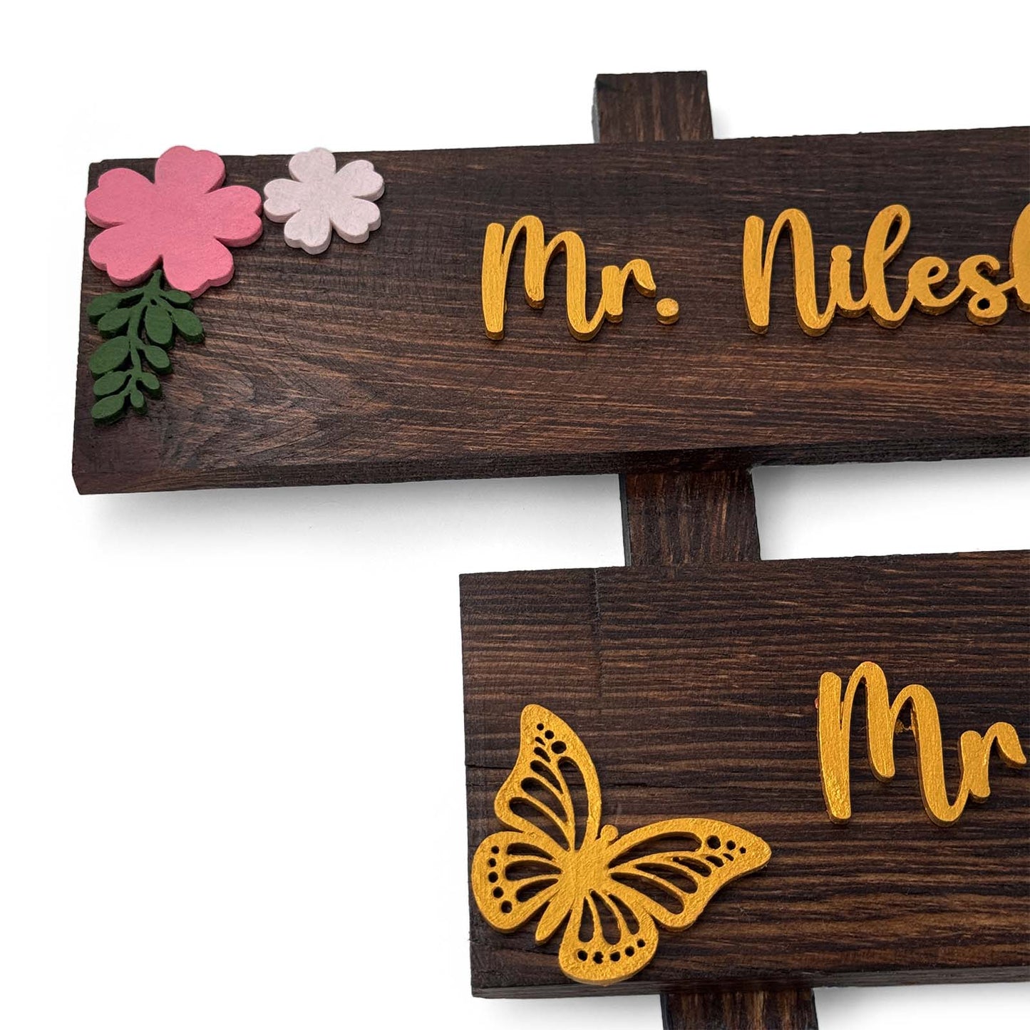 Butterfly & Flower Themed Hand-Painted Wooden Two Plank Name Plate For Home - Wooden Finish