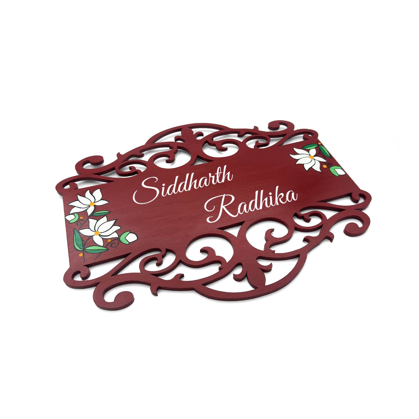 Lotus Artwork Hand-Painted Wooden Madhubani Name Plate For Home