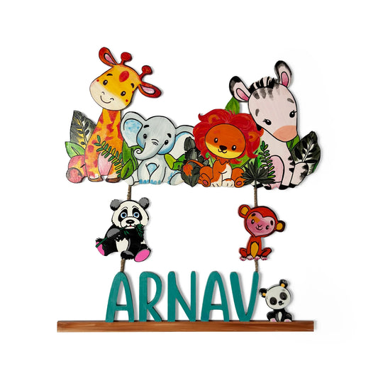 Animal Themed Hand-Painted Wooden Kids Name Plate - Design 3