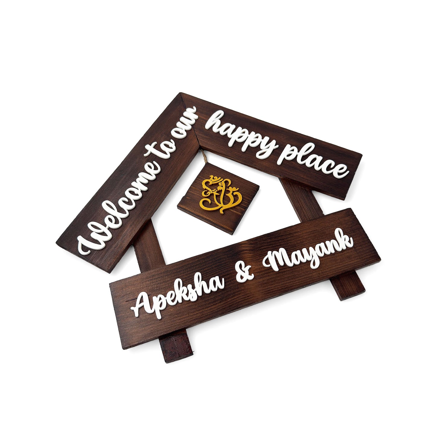 House With Roof And Single PlankHand-Painted Wooden Hut-Shaped Name Plate For Home - Wooden Finish