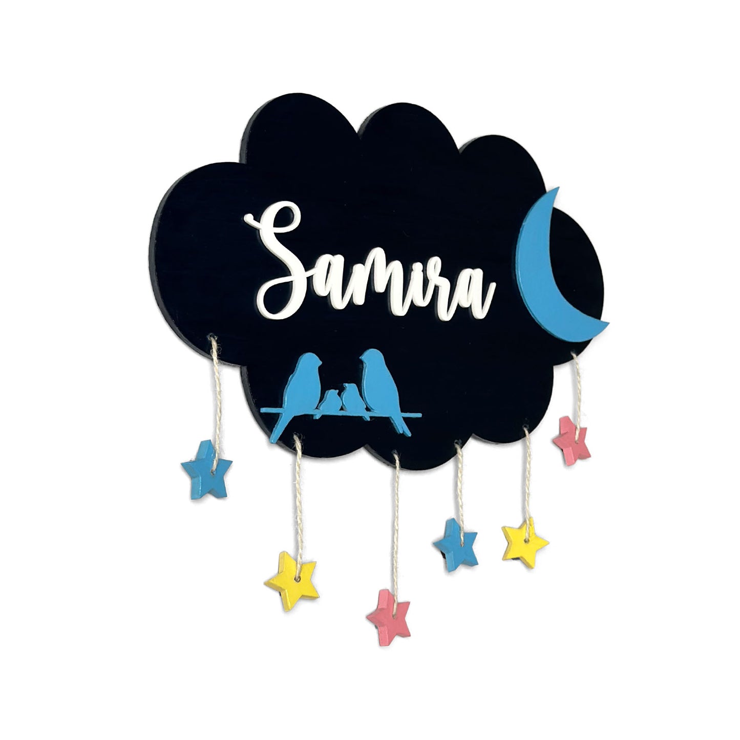 Cloud & Bird Themed Hand-Painted Wooden Kids Name Plate