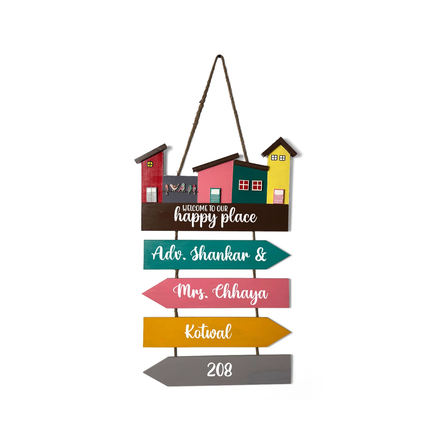 Hut-Shaped Hand-Painted Wooden Name Plate For Home - Hut Board & Four Planks Design 4