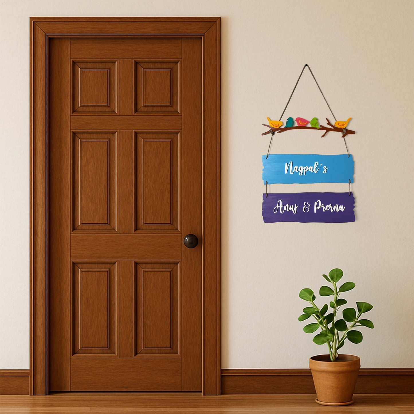 Birds Themed Hand-Painted Wooden Name Plate For Home - Two Planks