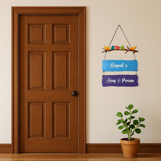 Birds Themed Hand-Painted Wooden Name Plate For Home - Two Planks