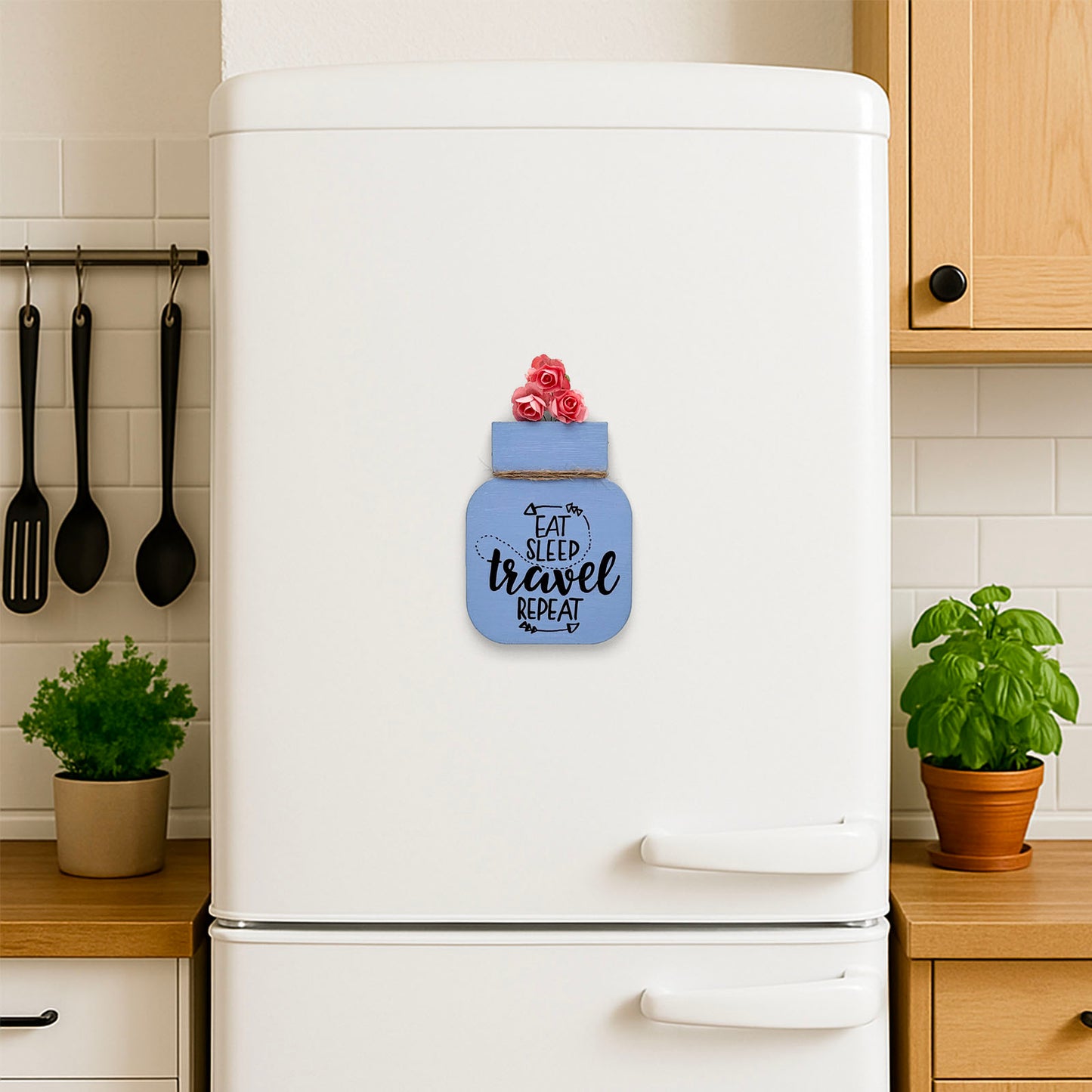 Eat Sleep Travel Repeat Hand-Painted Wooden Mason Jar Fridge Magnet - Blue