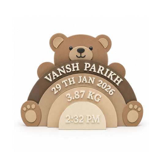 Teddy Bear Themed Hand-Painted Wooden Personalised Baby Birth Details Name Plate