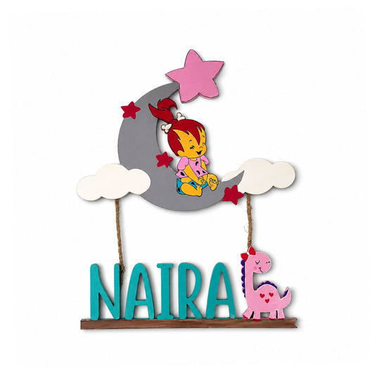 Pebbles Flintstone Moon & Dinosaur Themed Hand-Painted Wooden Kids Name Plate - Design 1
