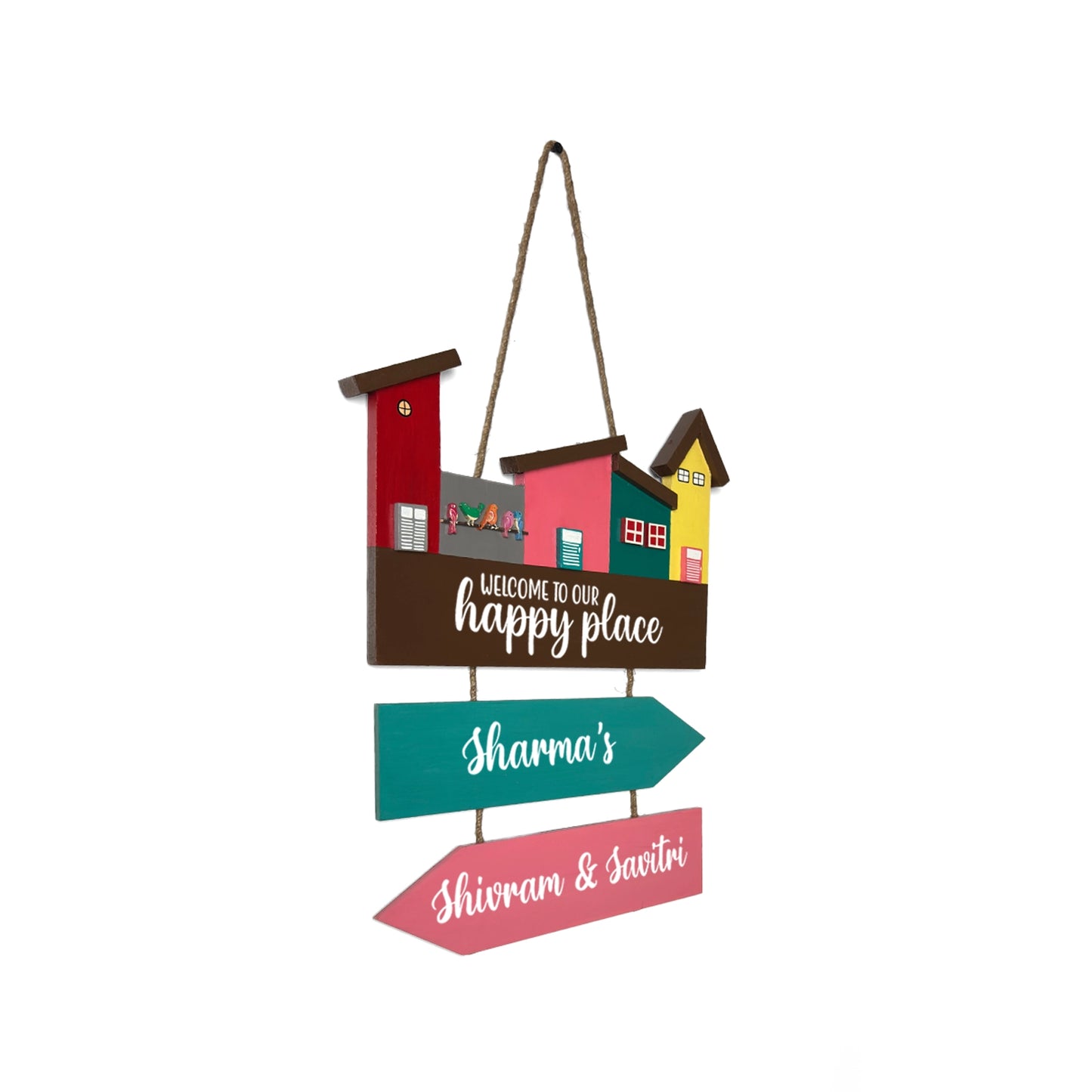 Hut-Shaped Hand-Painted Wooden Name Plate For Home - Hut Board & Two Planks Design 4