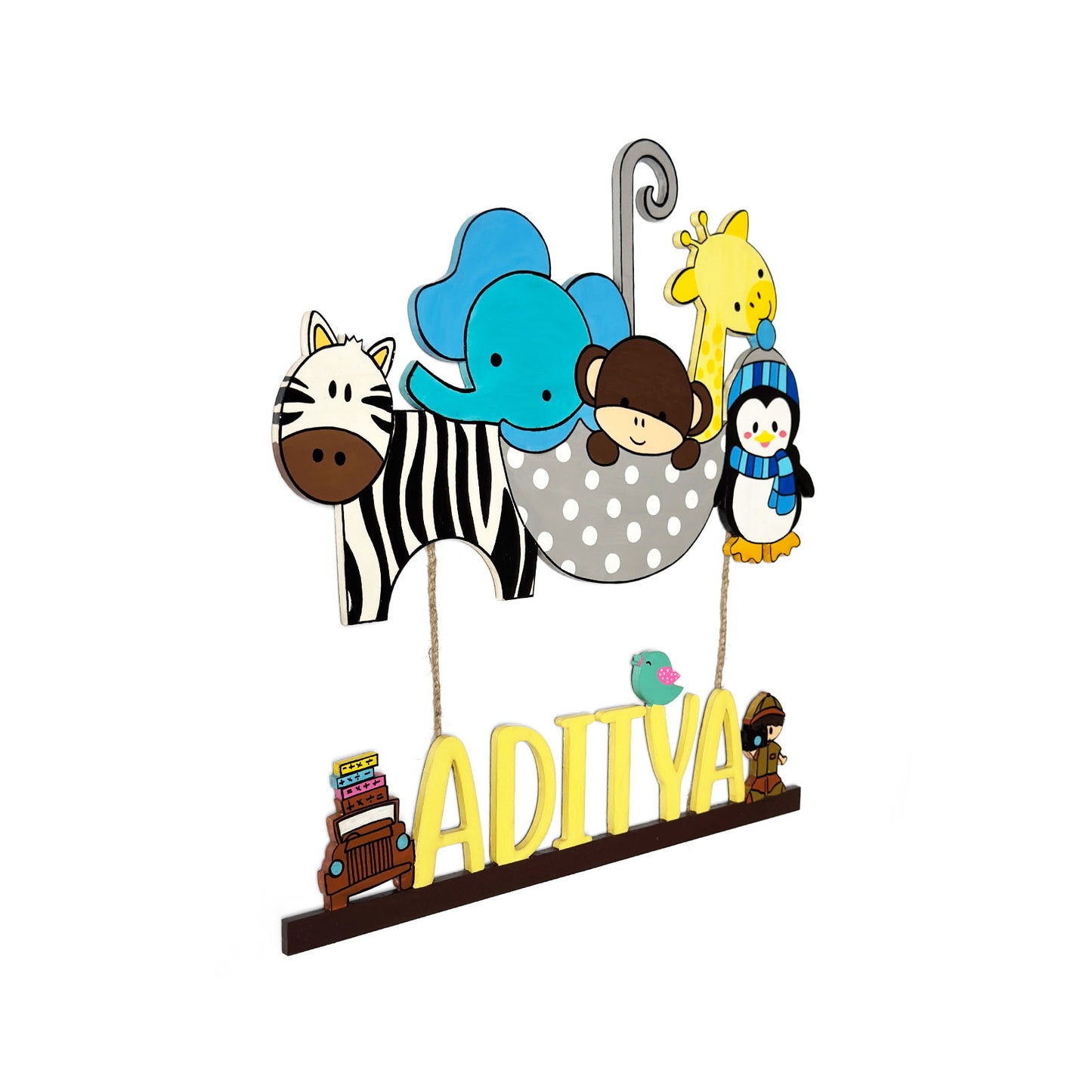 Animal Themed Hand-Painted Wooden Kids Name Plate - Design 1