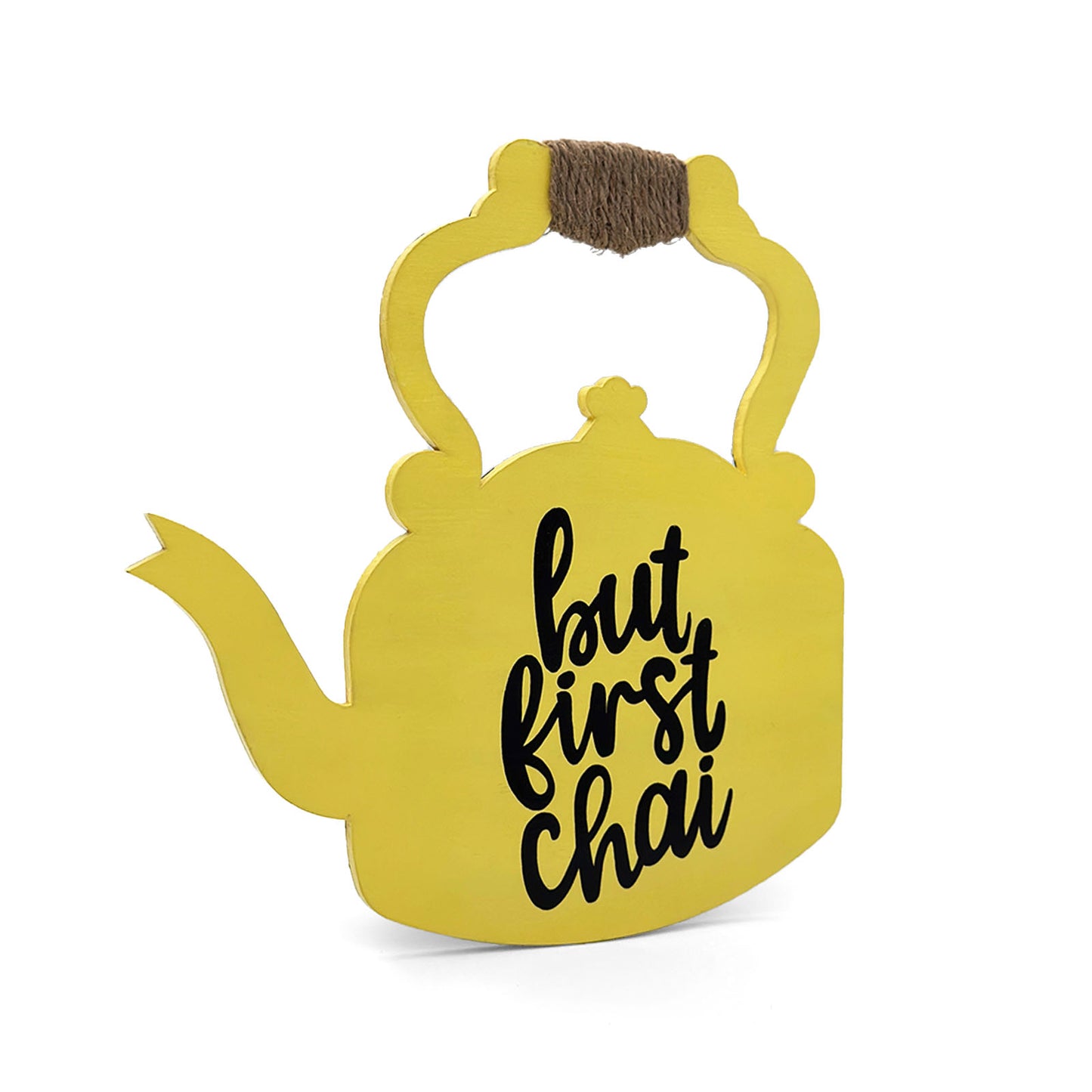 But First Chai Hand-Painted Wooden Kettle Kitchen Wall Hanging - Yellow
