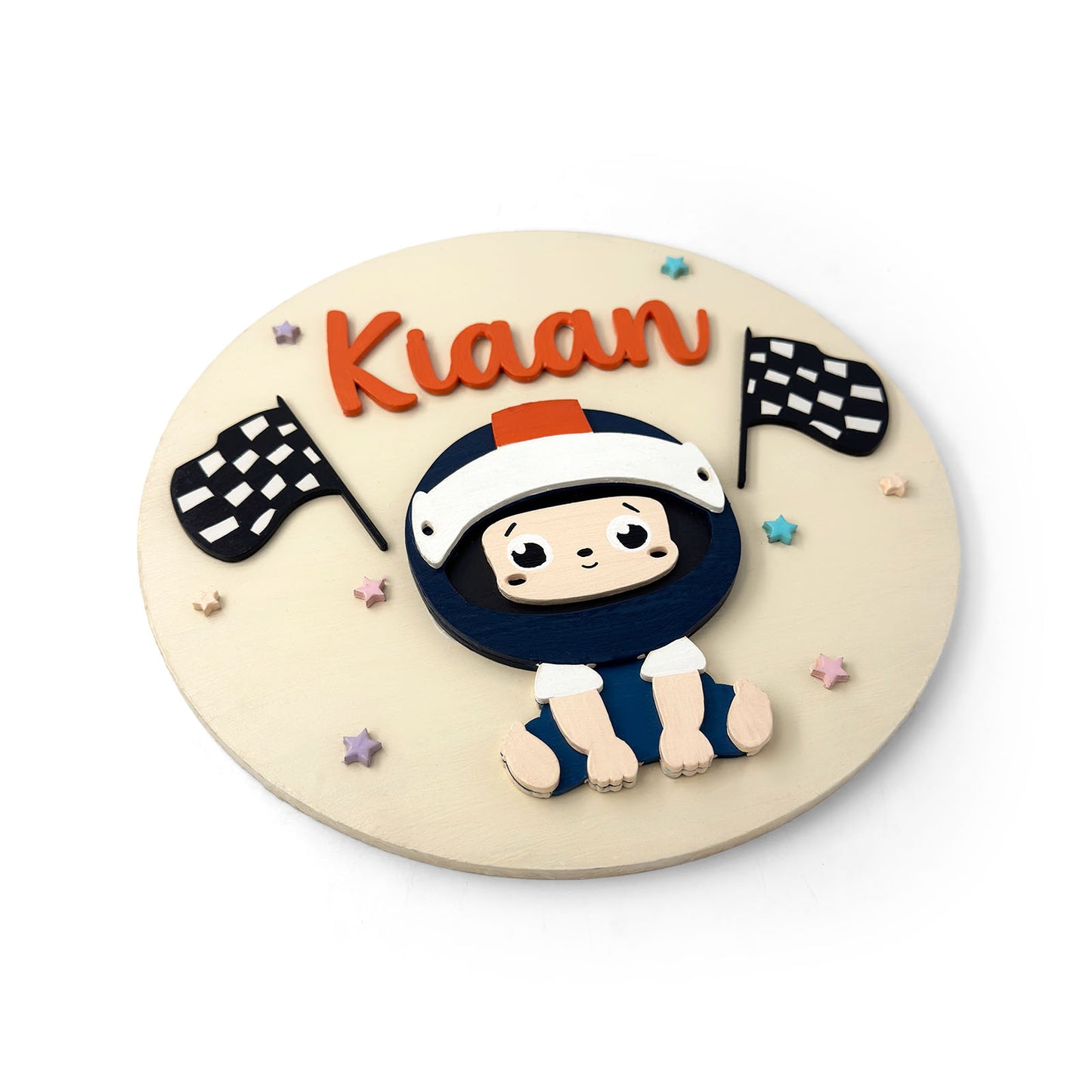 Little Car Racer Themed Hand-Painted Wooden Round Kids Name Plate - Design 1