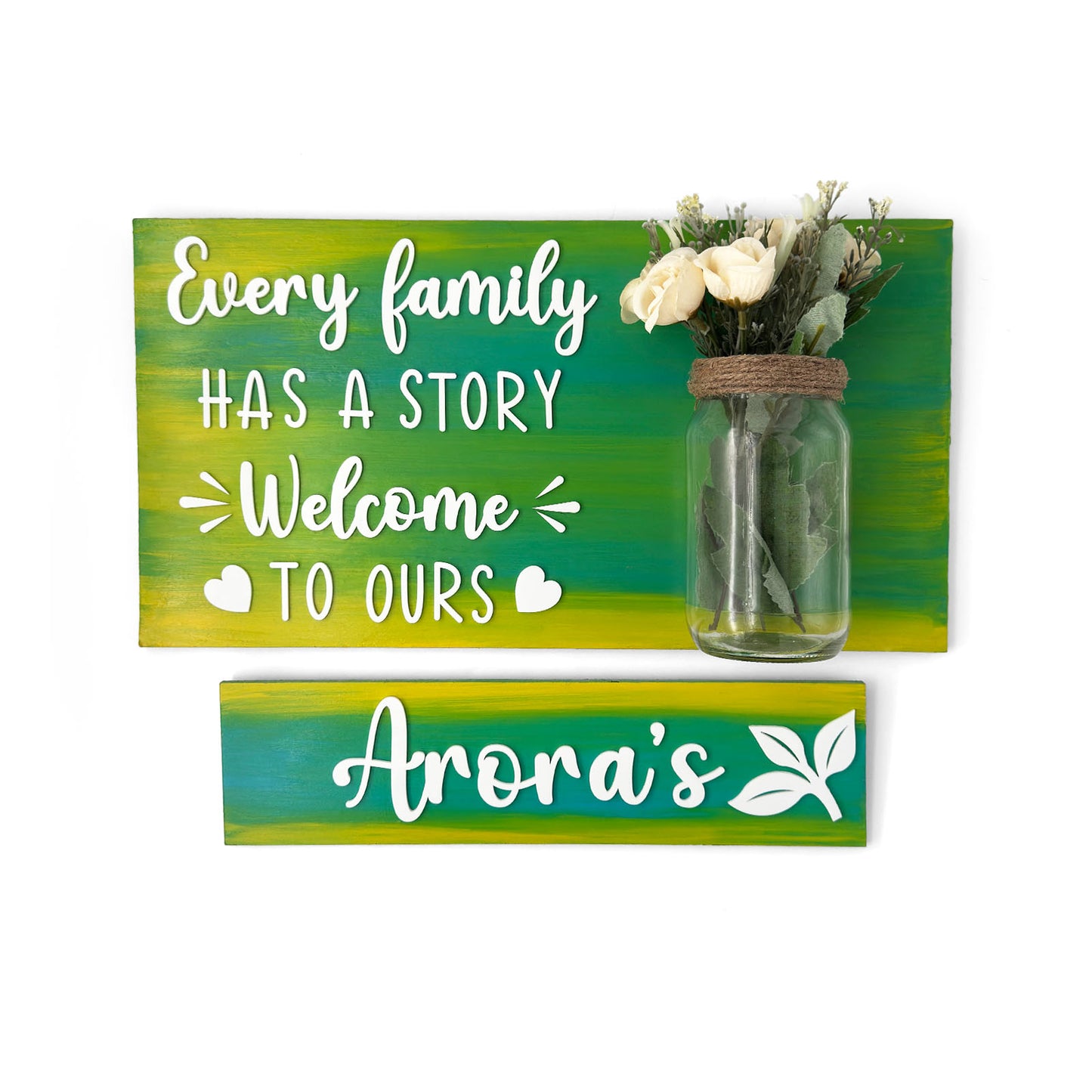 Every Family Has A Story Welcome To Ours Hand-Painted Wooden Name Plate With Jar For Home - Jar Board & One Plank