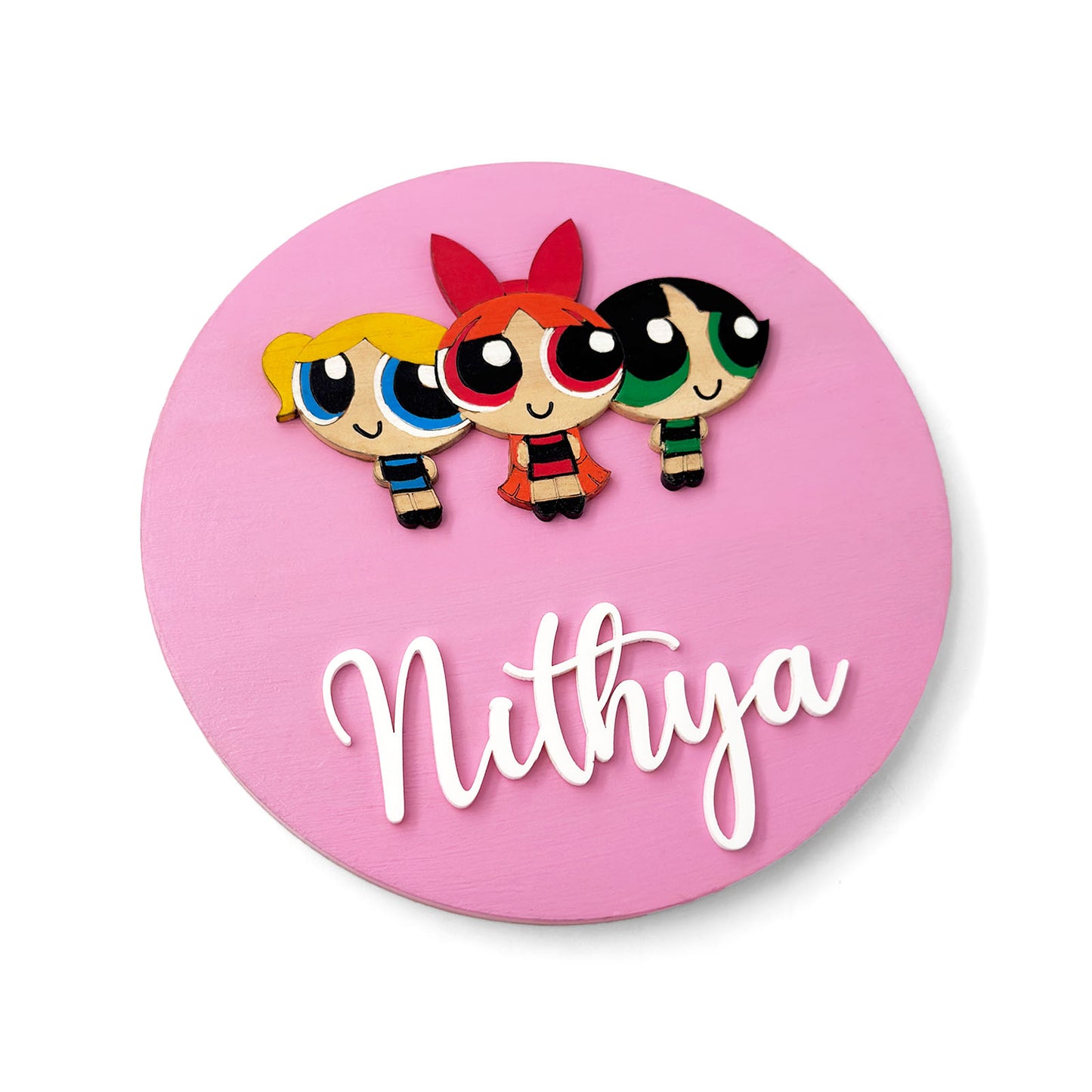 The Powerpuff Girls Themed Hand-Painted Wooden Name Plate For Kids