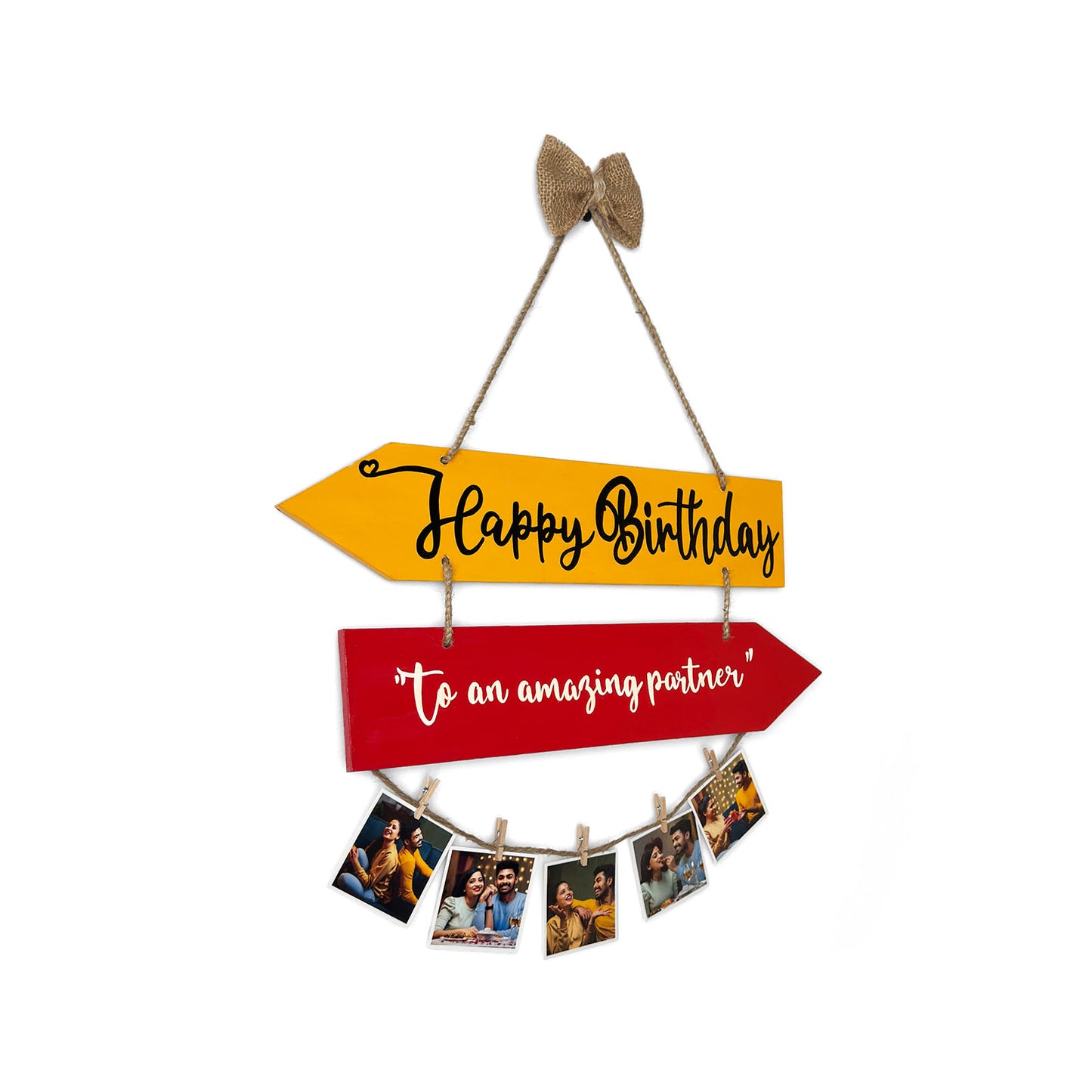 Happy Birthday To An Amazing Partner Hand-Painted Wooden Photo Holder - Yellow & Red