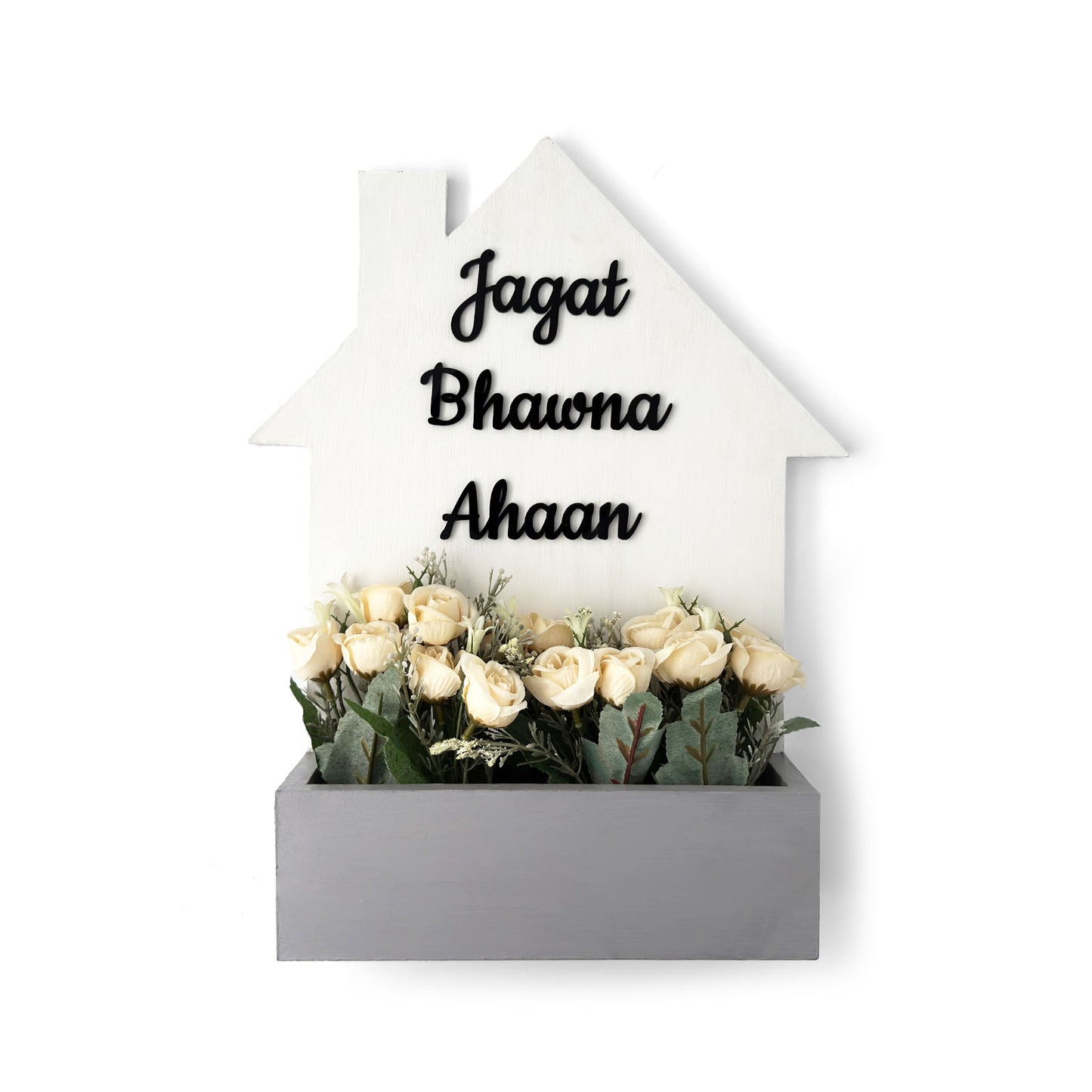 Hut-Shaped Hand-Painted Wooden Planter Name Plate For Home - White & Grey