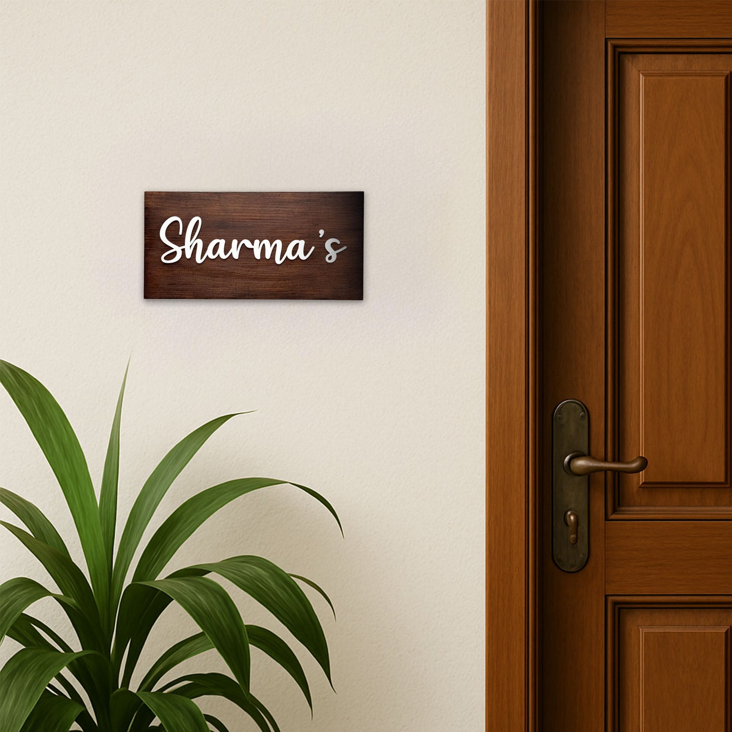 Rectangular Hand-Painted Wooden Name Plate For Home - Wooden Finish