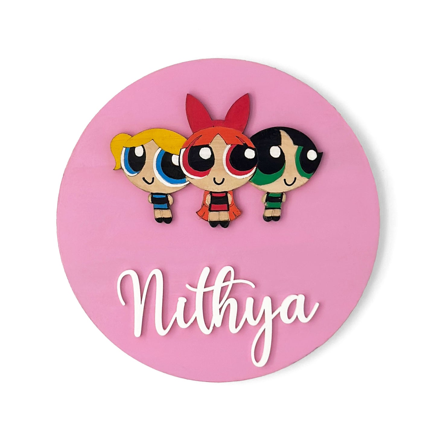 The Powerpuff Girls Themed Hand-Painted Wooden Name Plate For Kids