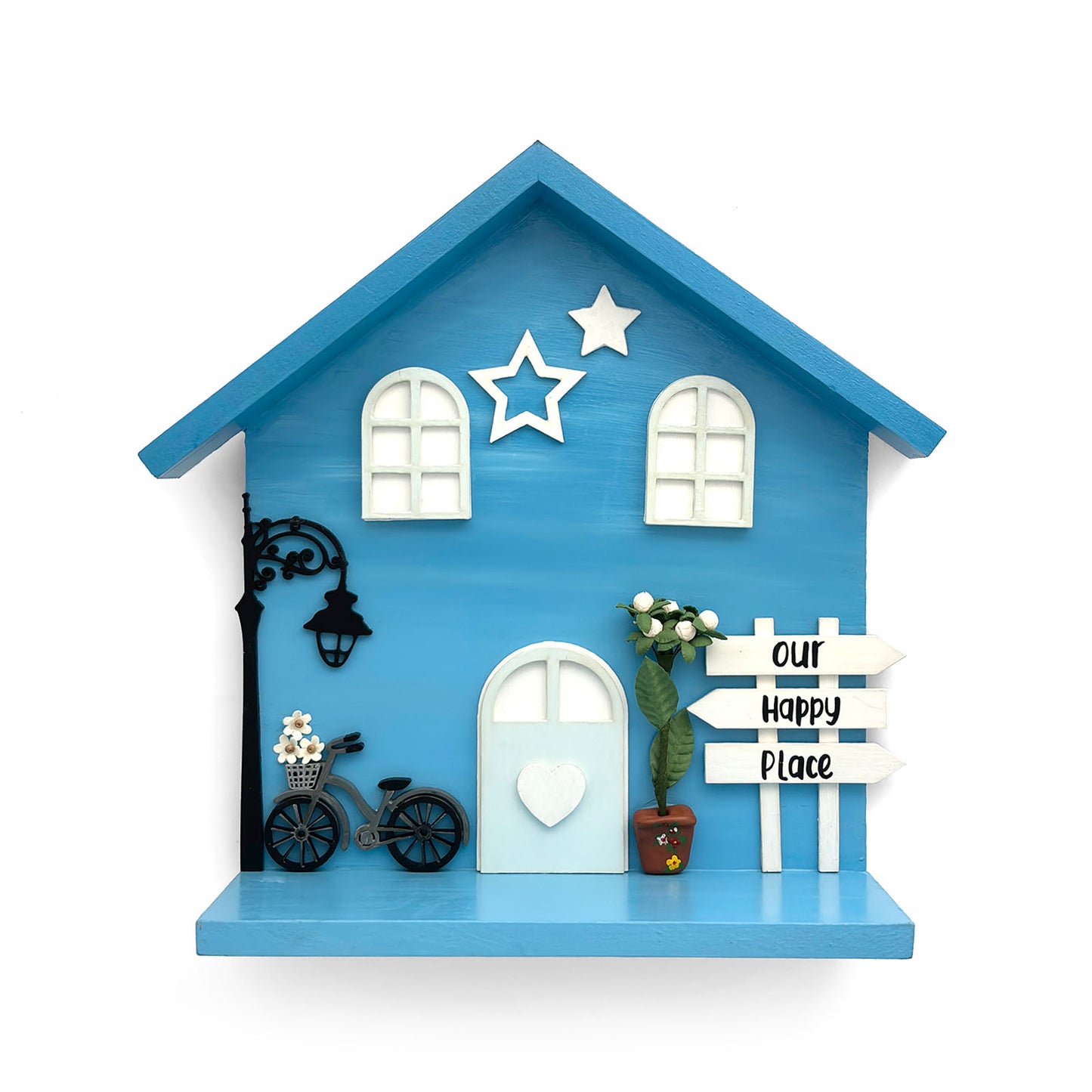 Personalised Hand-Painted Wooden Hut Key Holder With Shelf - Light Blue
