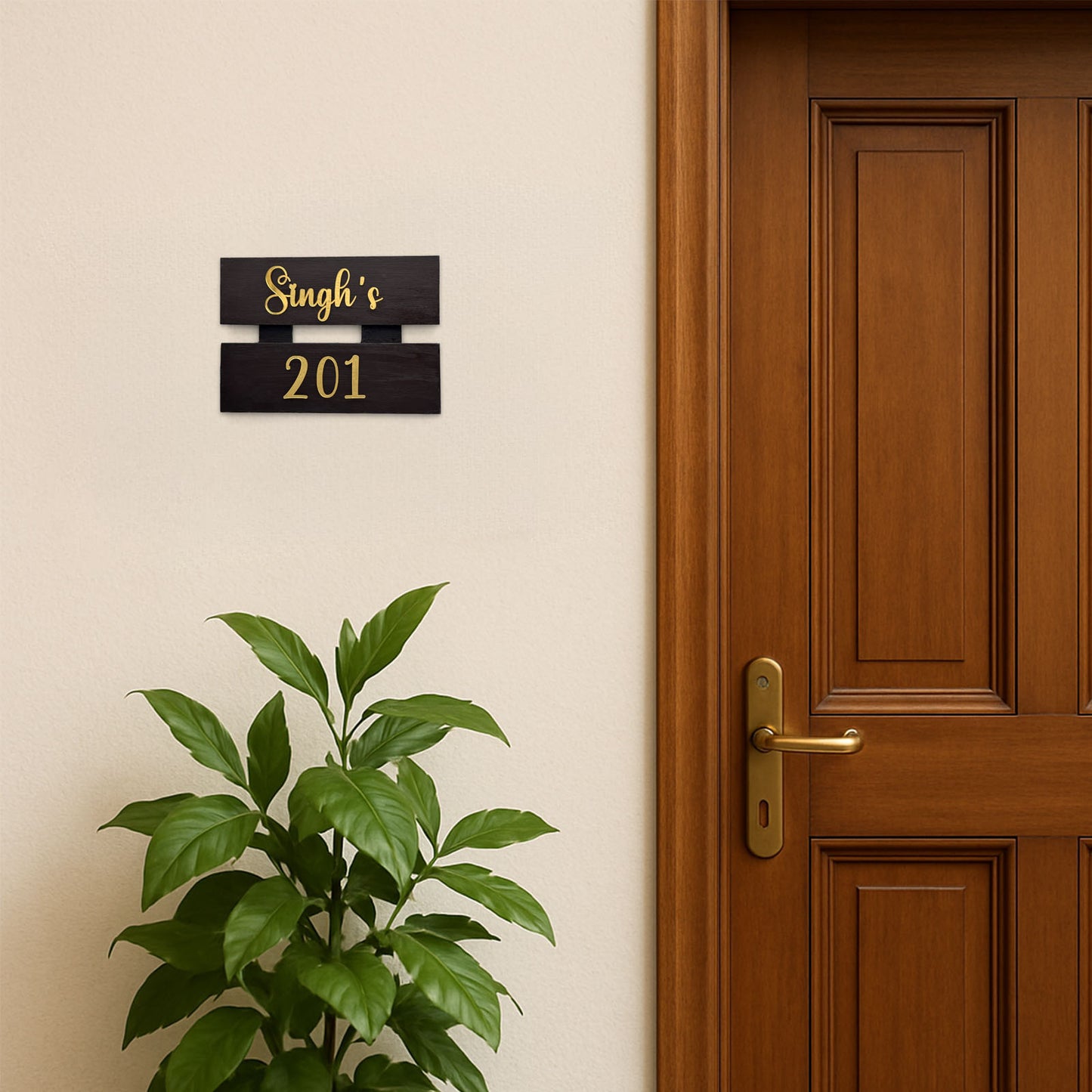 Hand-Painted Wooden Two Plank Name Plate For Home - Dark Brown