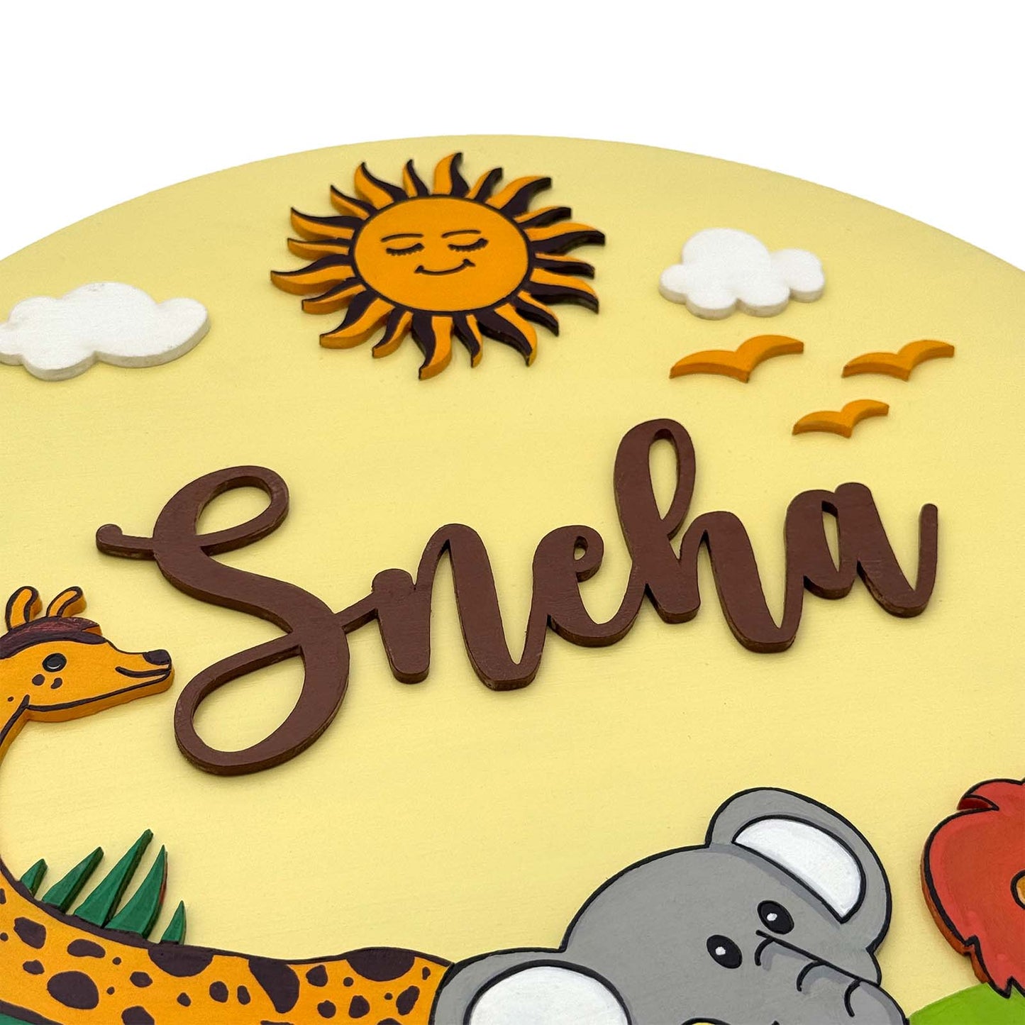 Animal Themed Hand-Painted Wooden Round Kids Name Plate - Design 3