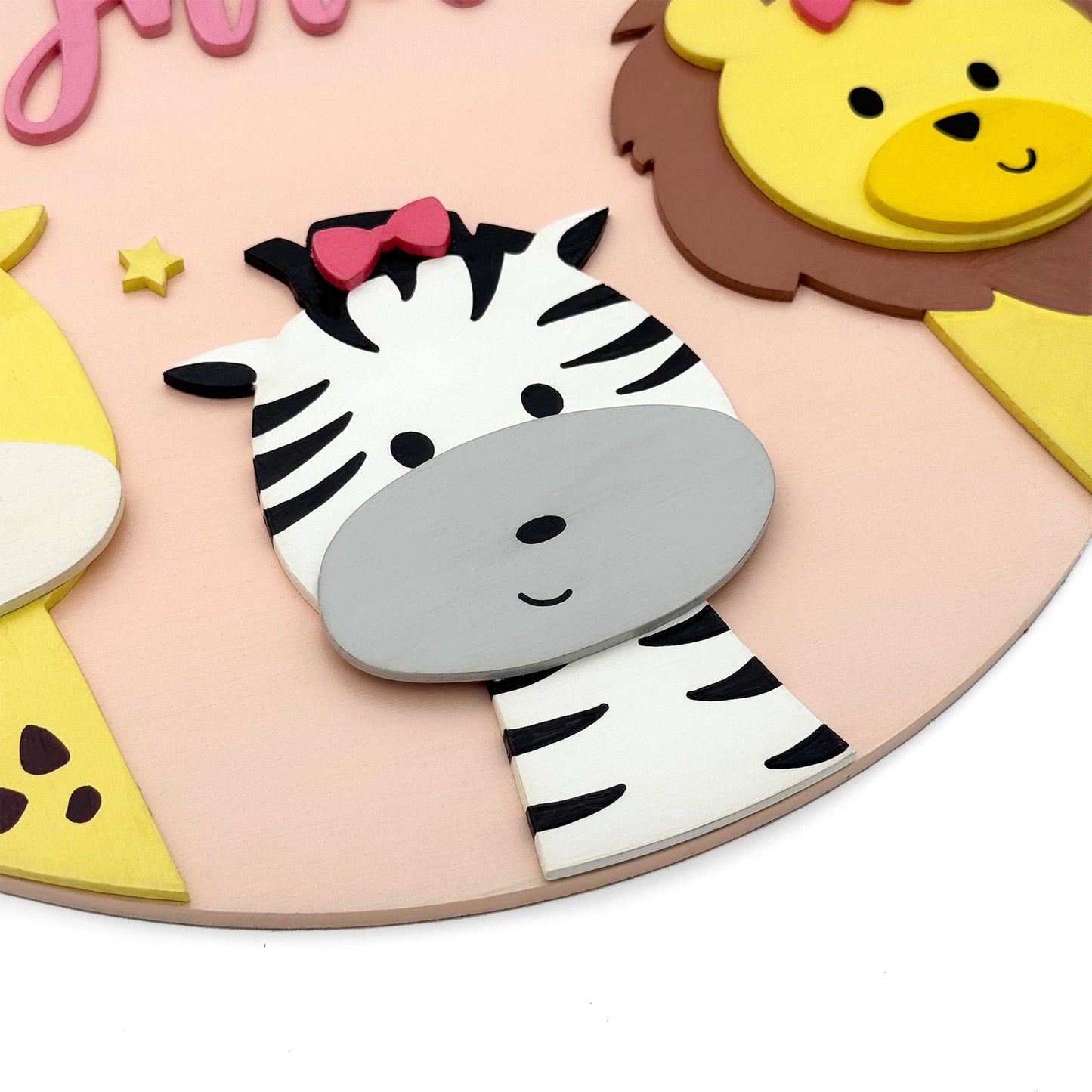 Animal Themed Hand-Painted Wooden Round Kids Name Plate - Design 1