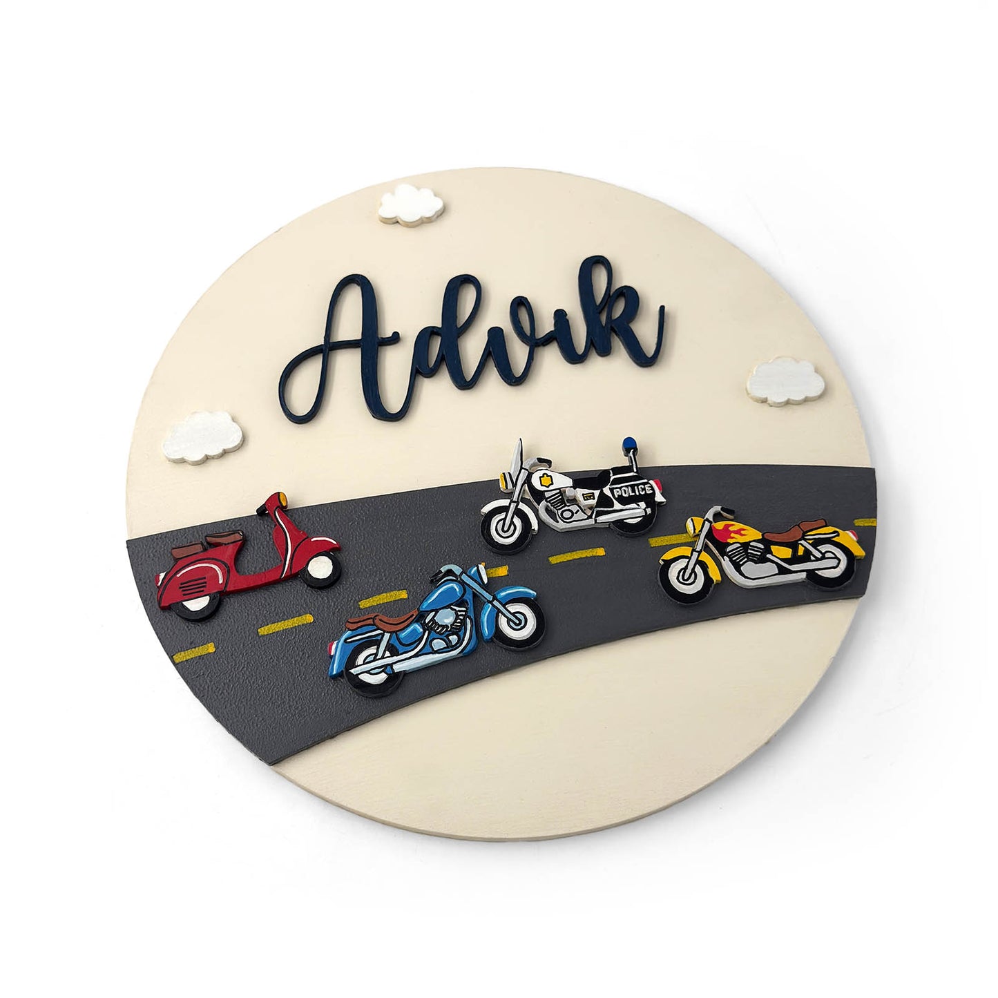 Bikes Themed Hand-Painted Wooden Round Kids Name Plate - Design 1