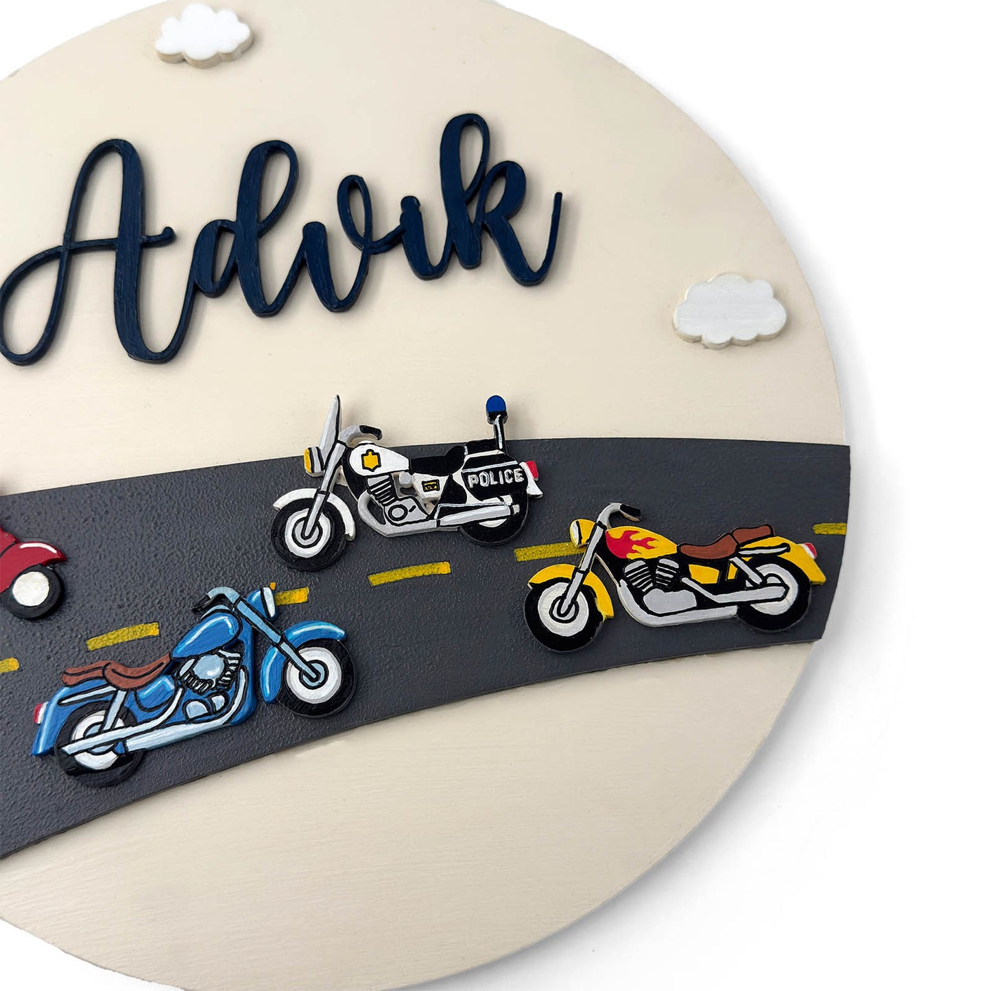 Bikes Themed Hand-Painted Wooden Round Kids Name Plate - Design 1