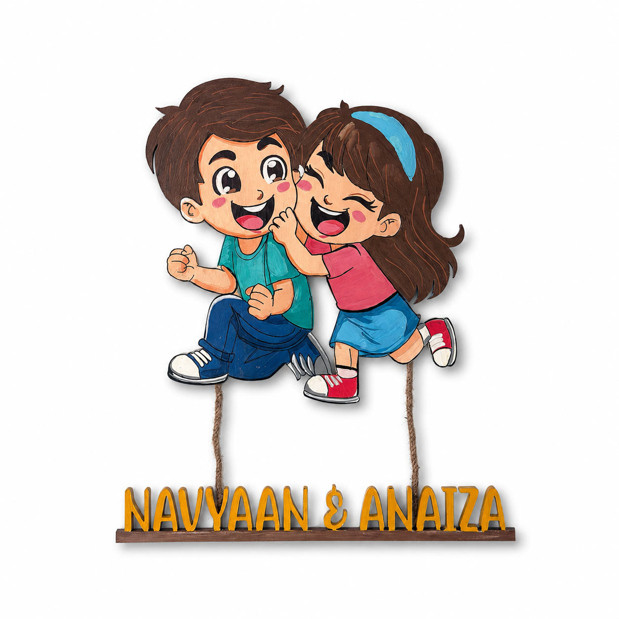 Siblings Brother Sister Themed Hand-Painted Wooden Kids Name Plate - Design 1