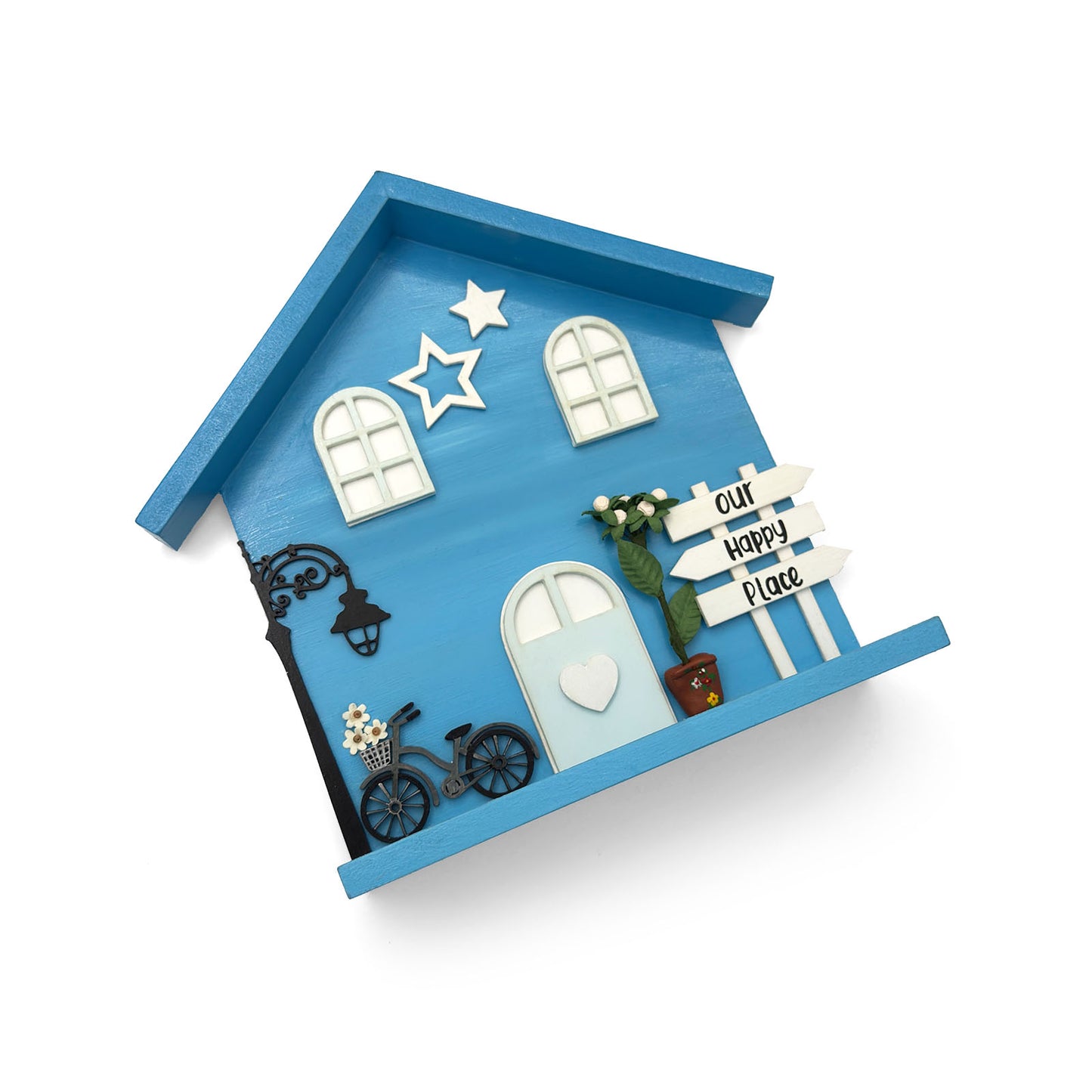 Personalised Hand-Painted Wooden Hut Key Holder With Shelf - Light Blue