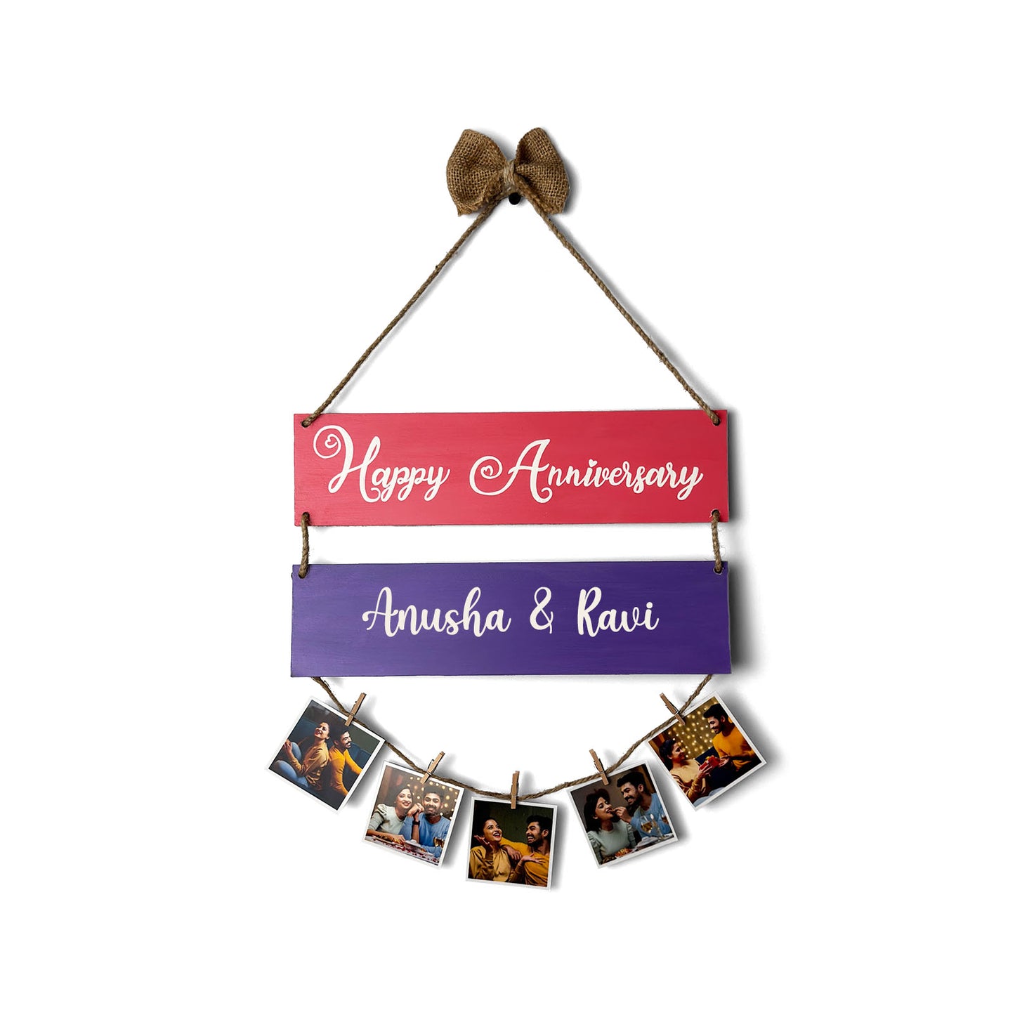 Happy Anniversary Hand-Painted Wooden Photo Holder - Pink & Purple