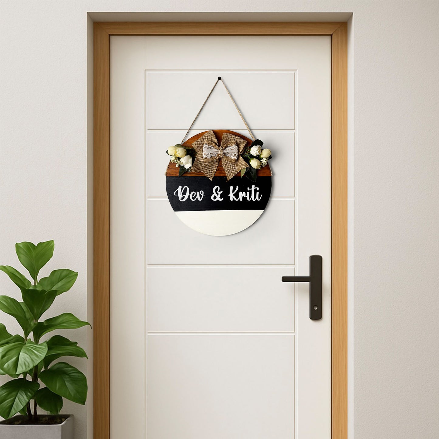 Personlised Hand-Painted Wooden Door Hanger - Black, White, & Wooden Finish