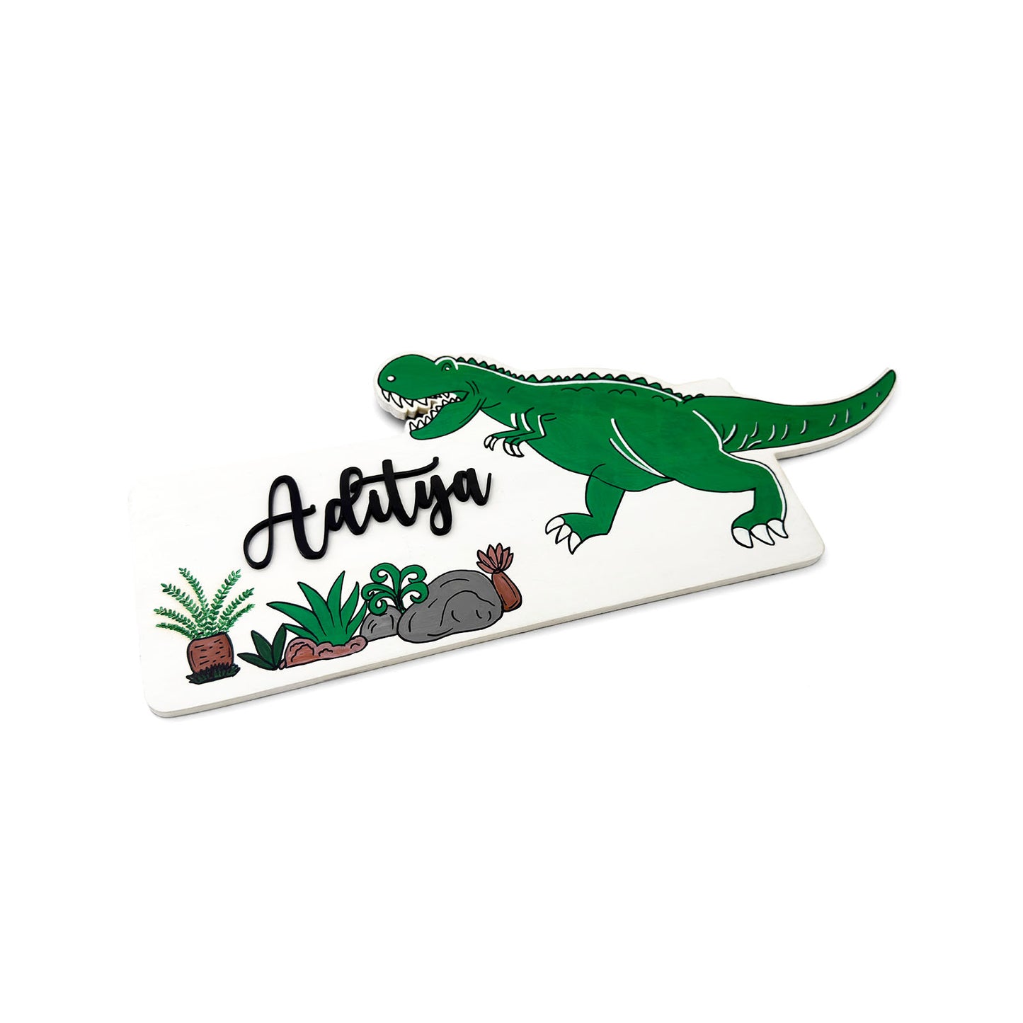 Dinosaur Themed Hand-Painted Wooden Kids Name Plate - White