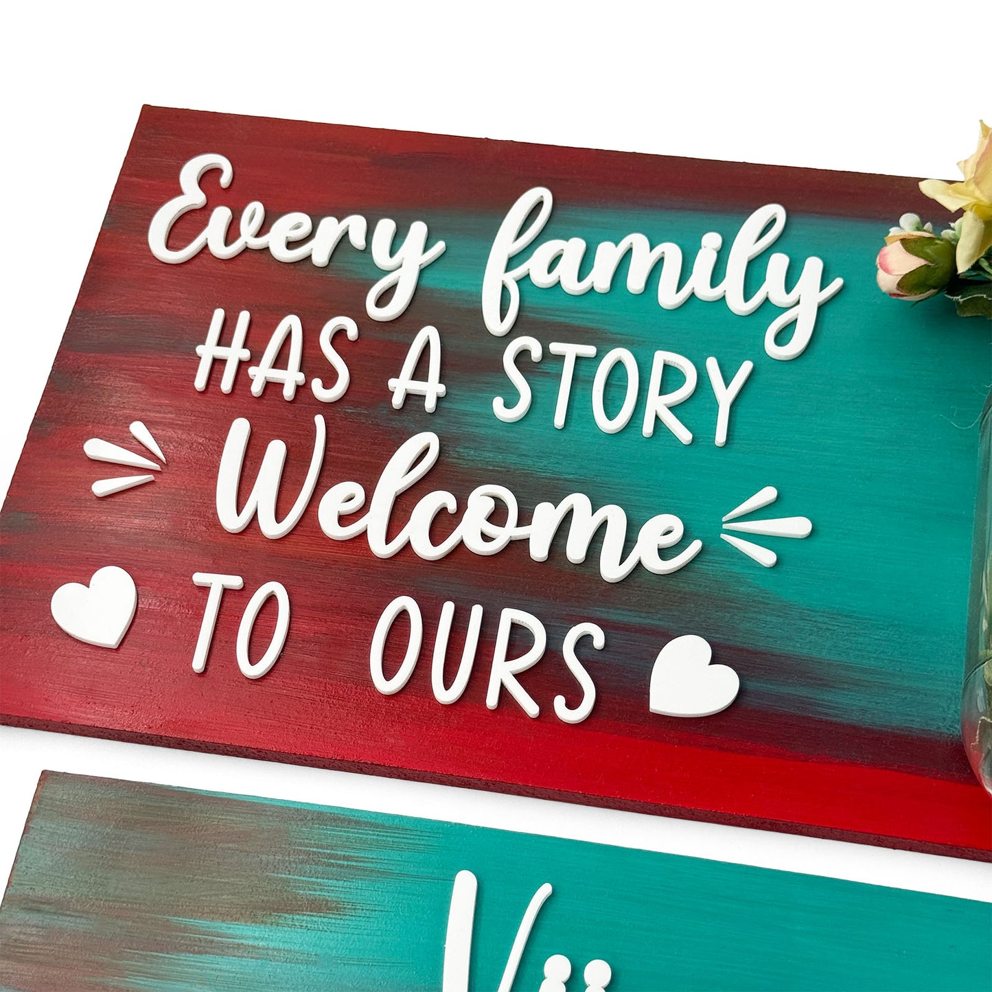 Every Family Has A Story Welcome To Ours Hand-Painted Wooden Name Plate With Jar For Home - Jar Board & Two Planks