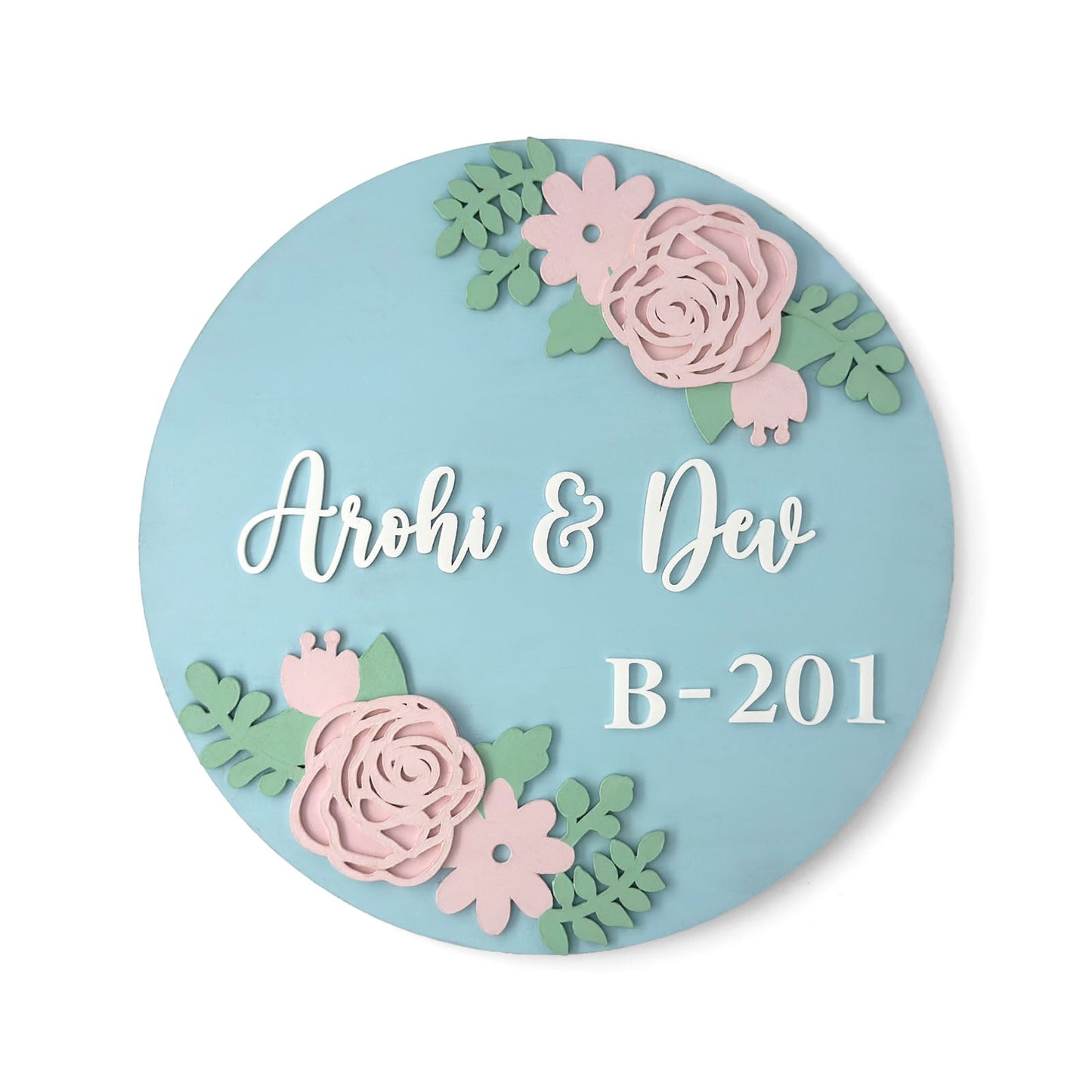 Rose Artwork Hand-Painted Wooden Floral Round Name Plate For Home