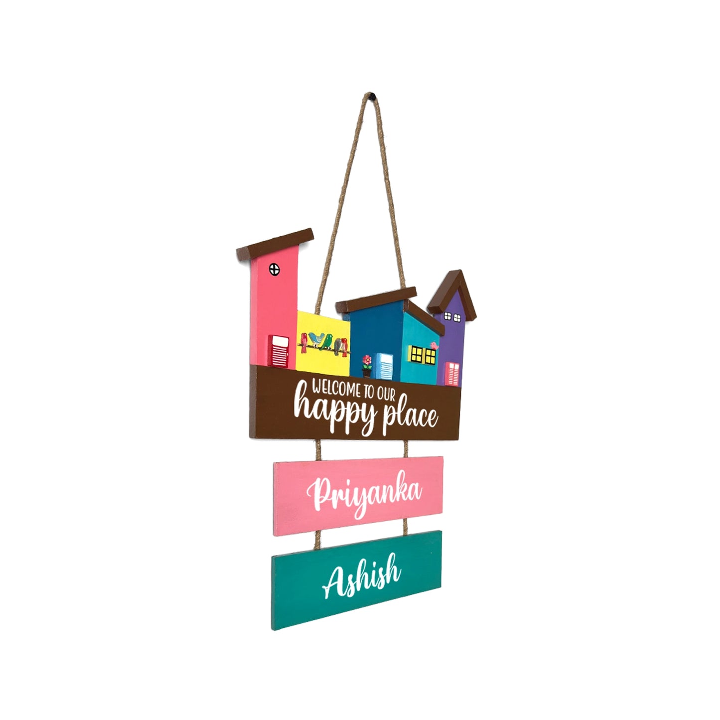 Hut-Shaped Hand-Painted Wooden Name Plate For Home - Hut Board & Two Planks Design 6