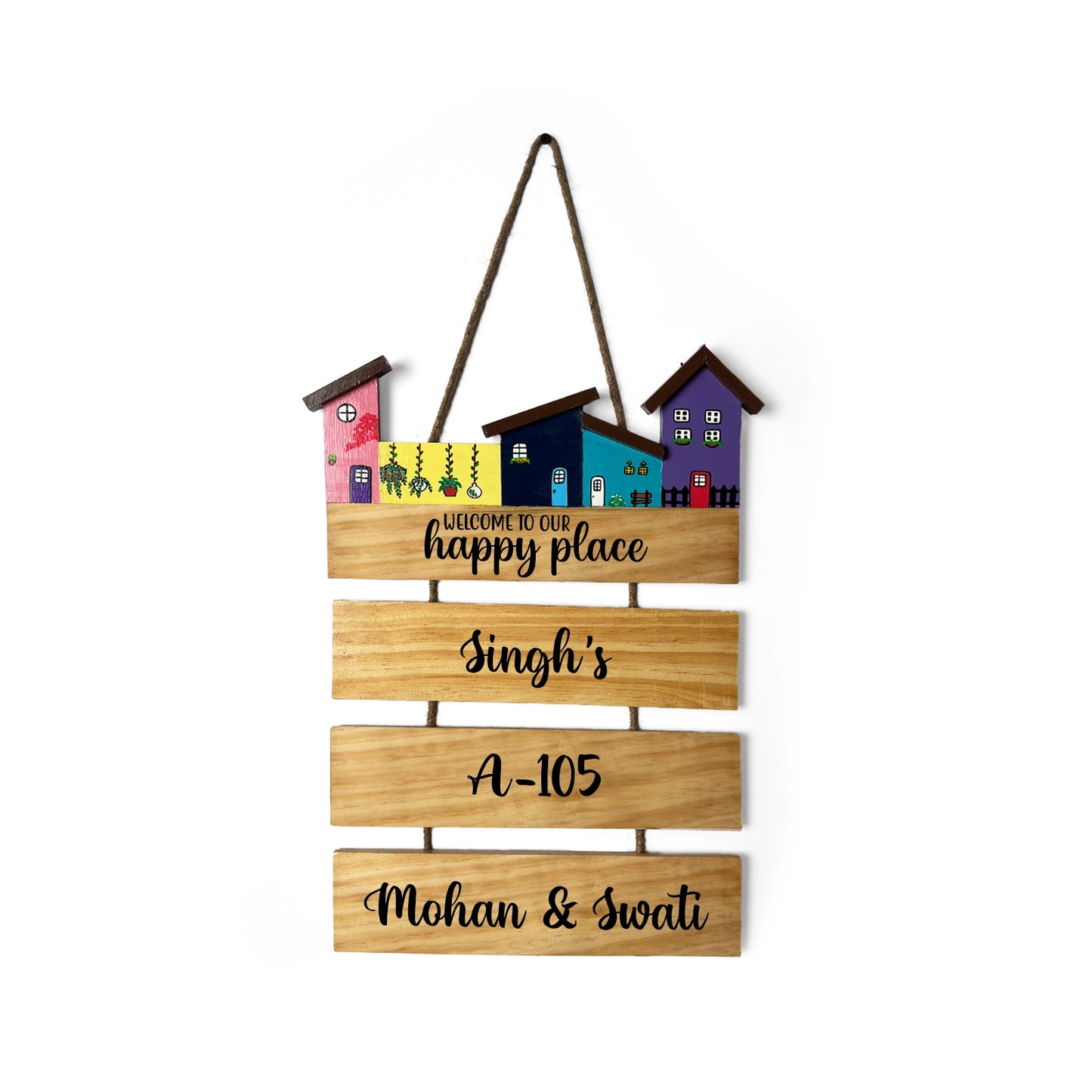 Hut-Shaped Hand-Painted Wooden Name Plate For Home - Hut Board & Three Planks Design 5