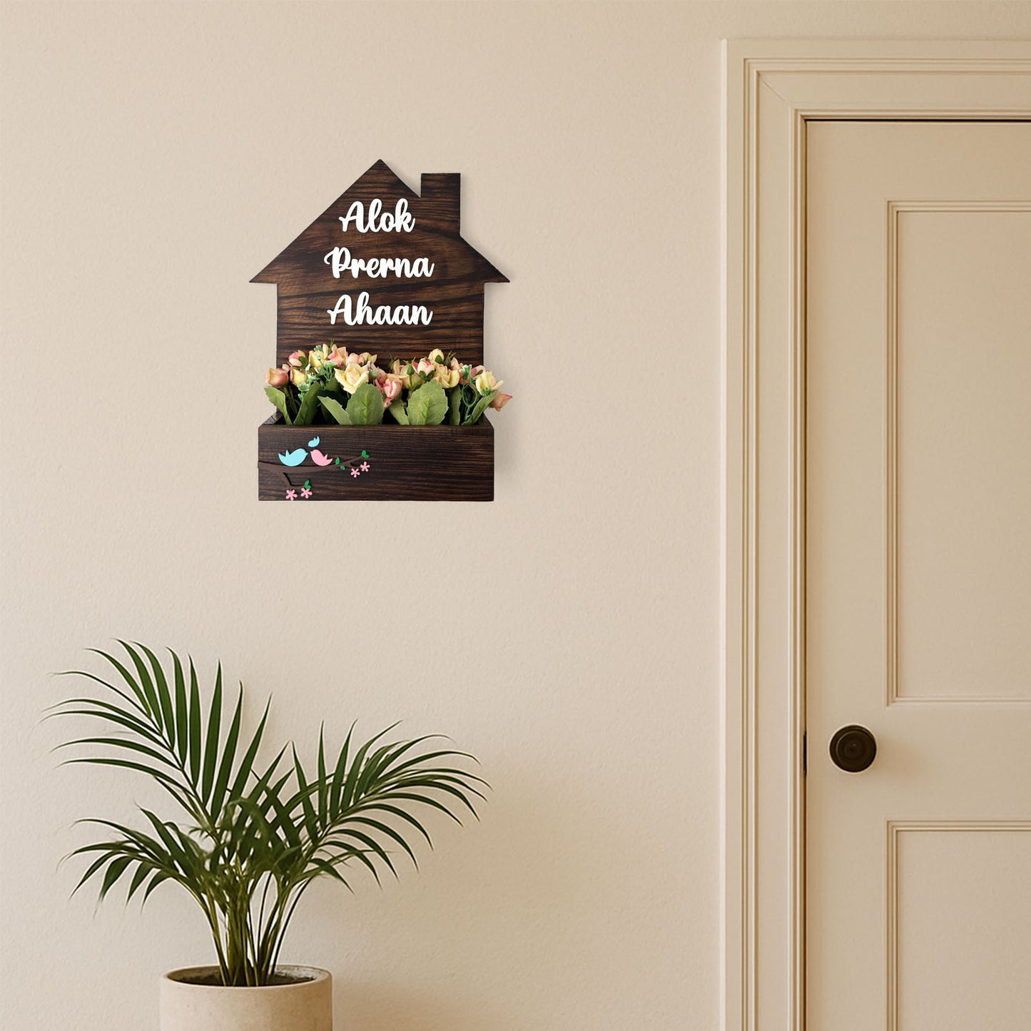 Hut-Shaped Hand-Painted Wooden Planter Name Plate For Home - Wooden Finish