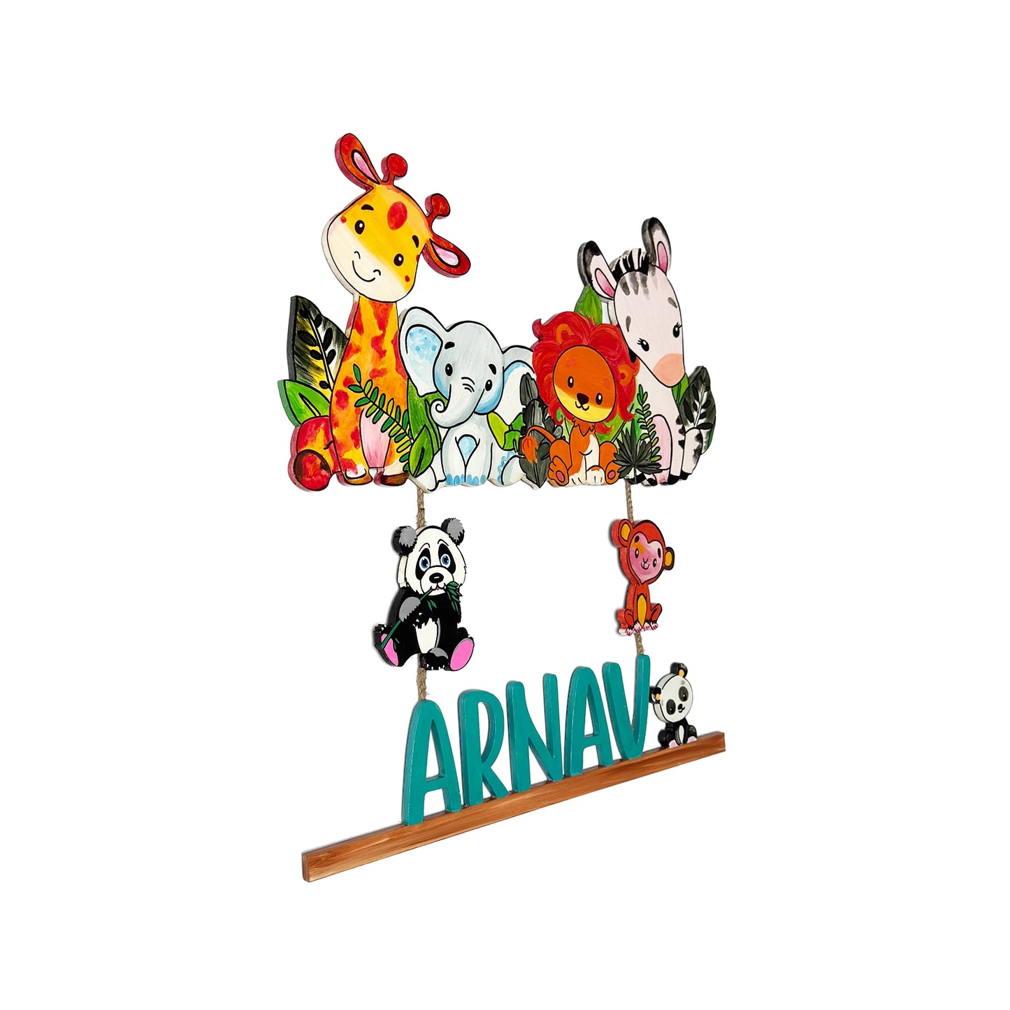 Animal Themed Hand-Painted Wooden Kids Name Plate - Design 3